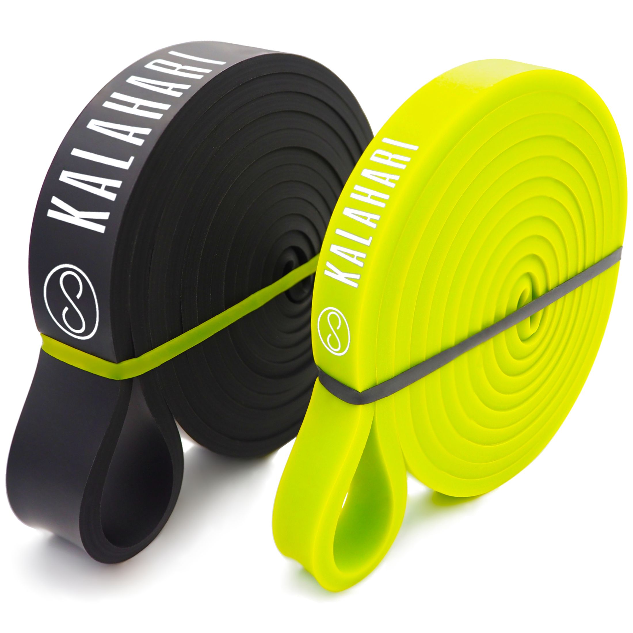 Deux bandes de résistance KALAHARI, noire et verte fluo, avec des boucles.