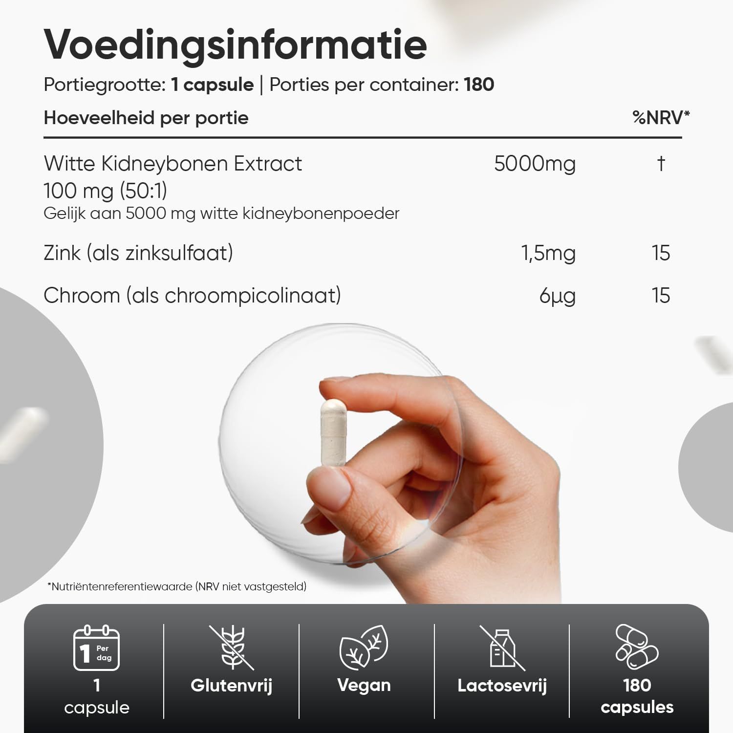 Een hand houdt een witte capsule vast. Voedingsinformatie toont witte kidneybonenextract, zink en chroom.