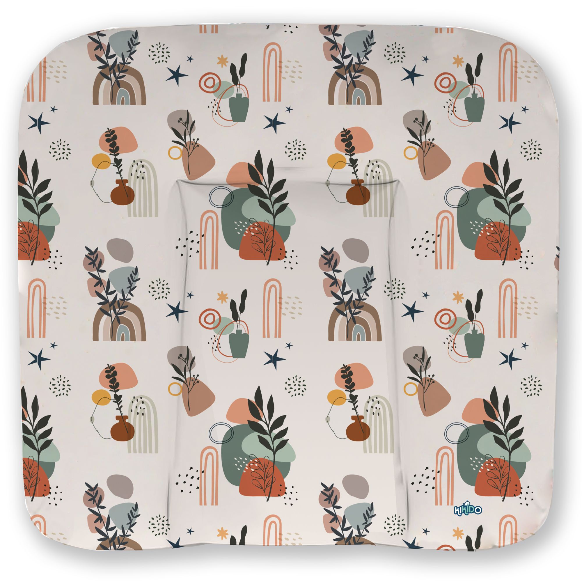 Verschoonkussen met bloemenpatroon. Beige achtergrond met kleurrijke elementen. Vierkante vorm met verhoogde zijkanten.