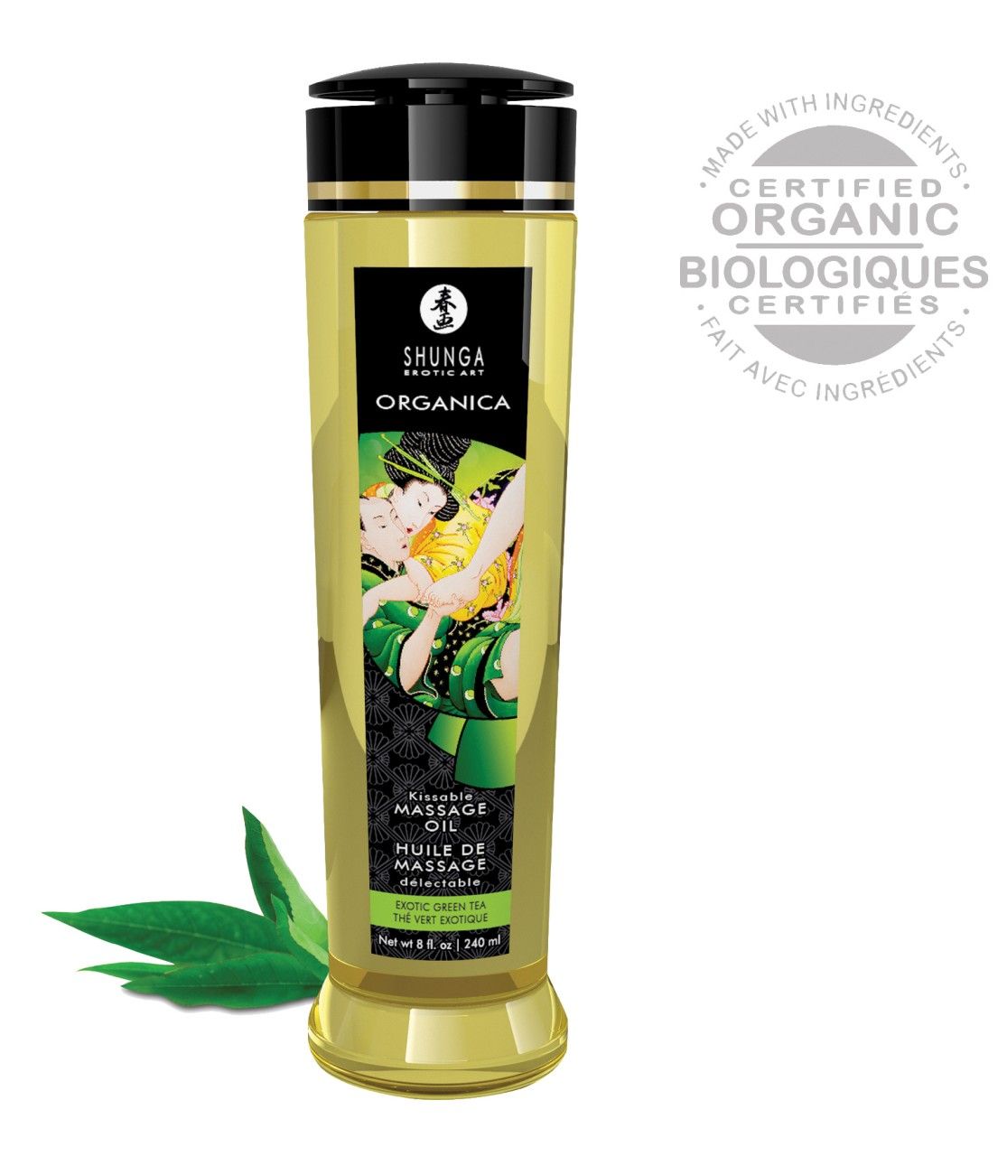 Shunga Organica massageolie fles met 'Certified Organic' zegel en groene thee bladeren.