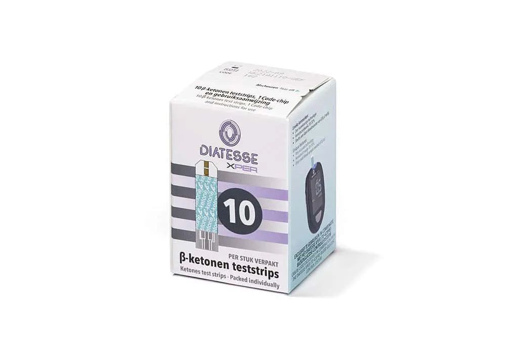 Verpakking met 10 Diatesse XPER β-ketonen teststrips. De verpakking toont een enkele teststrip en het Diatesse XPER logo.
