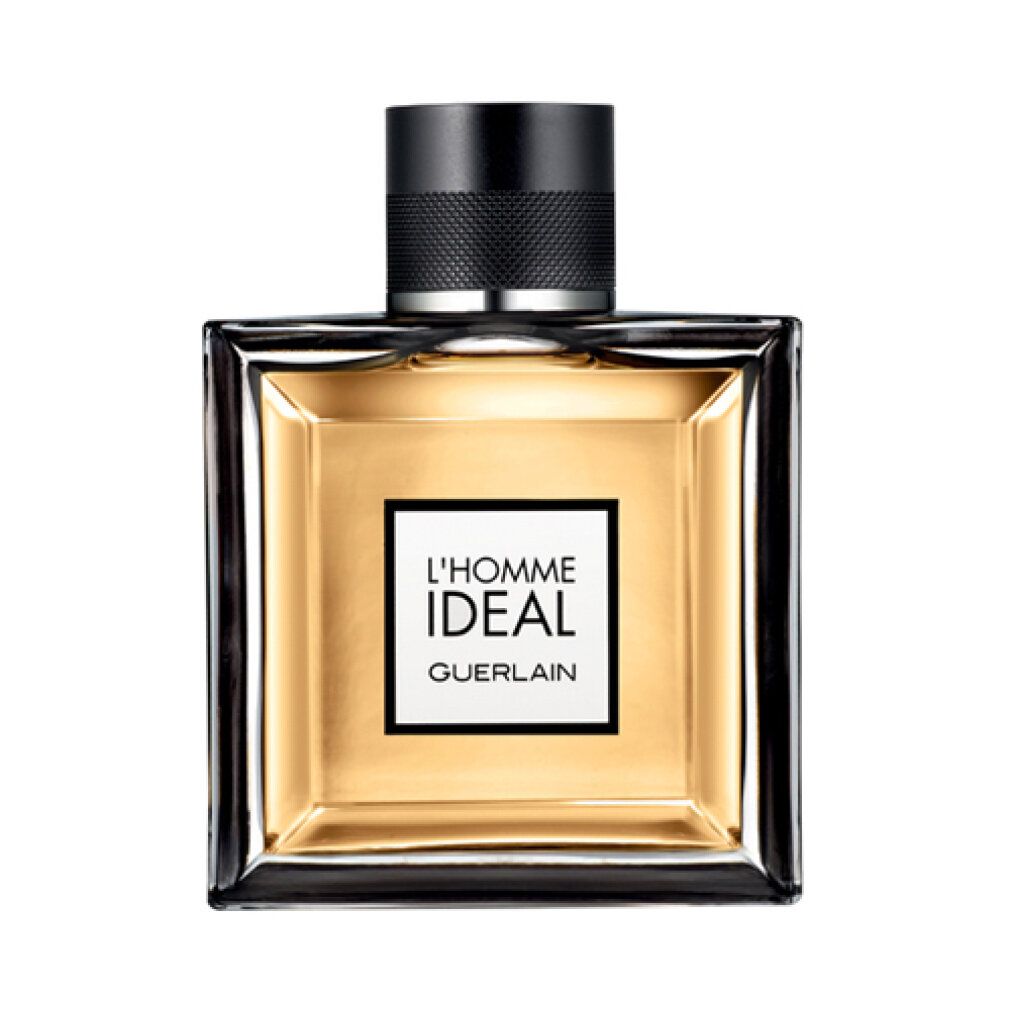 Guerlain L'Homme Ideal Eau de Toilette fles. Rechthoekige fles met zwarte dop en gouden vloeistof.