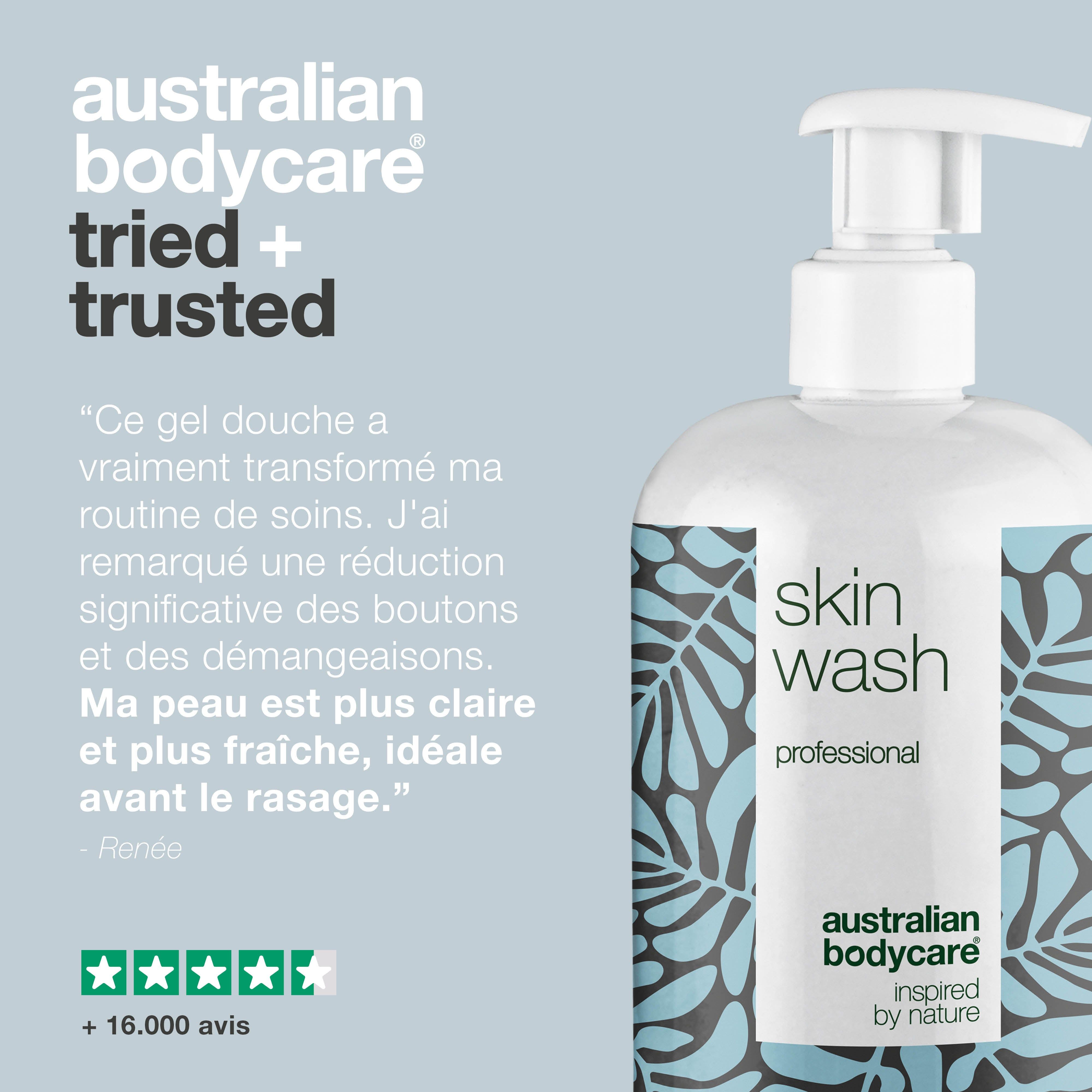 Flacon : Skin Wash professional, Australian Bodycare. Texte : Ce gel douche a vraiment transformé ma routine de soins.
