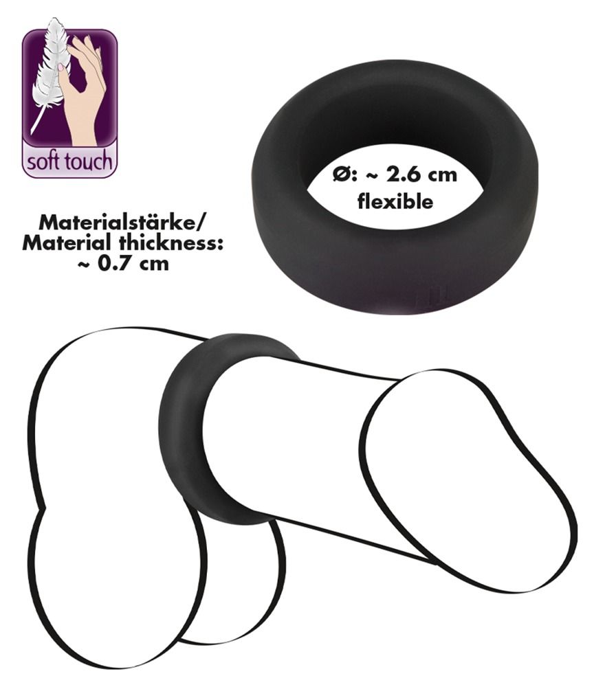 Anneau noir et flexible, diamètre env. 2,6 cm, épaisseur env. 0,7 cm. Logo "Soft Touch".