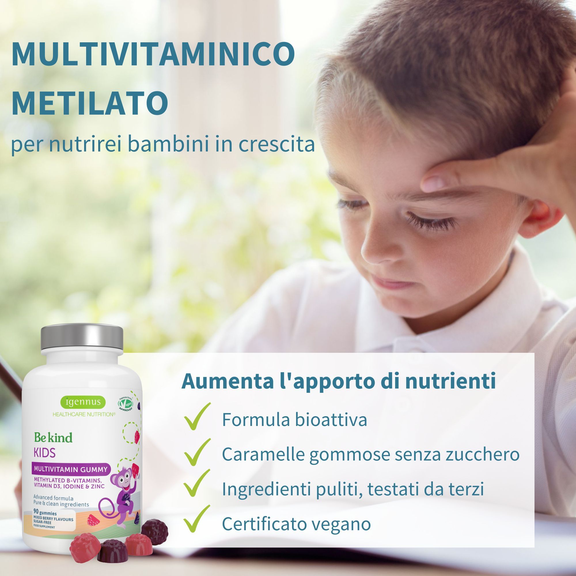 Flacon de gommes. Enfant lisant. Texte: Multivitaminico Metilato. Pour enfants. Formule bio, gommes sans sucre, ingrédients purs.