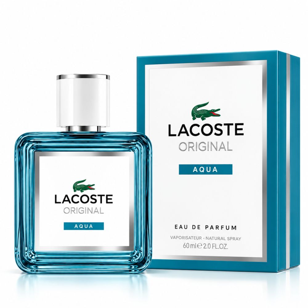 Lacoste Original Aqua Eau de Parfum fles en verpakking. Blauwe glazen fles met wit etiket en zilveren dop.