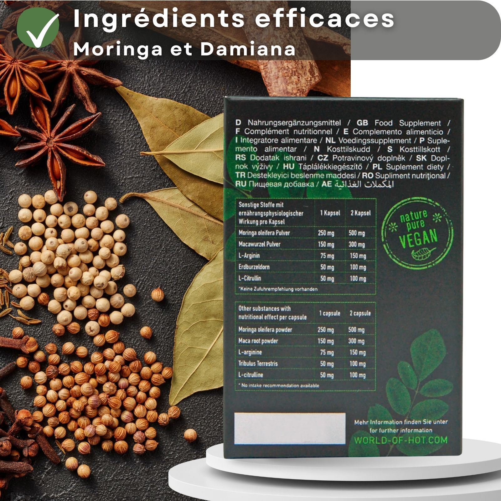 Dos de l'emballage. Texte multilingue. Label végétalien. Ingrédients et informations nutritionnelles.