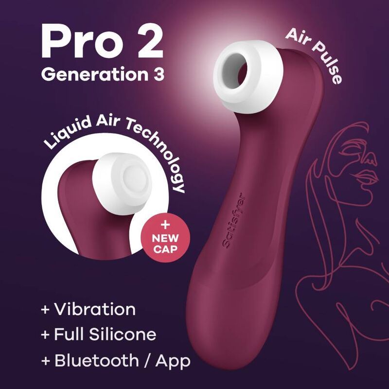 Appareil bordeaux avec embout blanc. Texte: Pro 2 Generation 3, Liquid Air Technology, + Vibration, + Bluetooth.