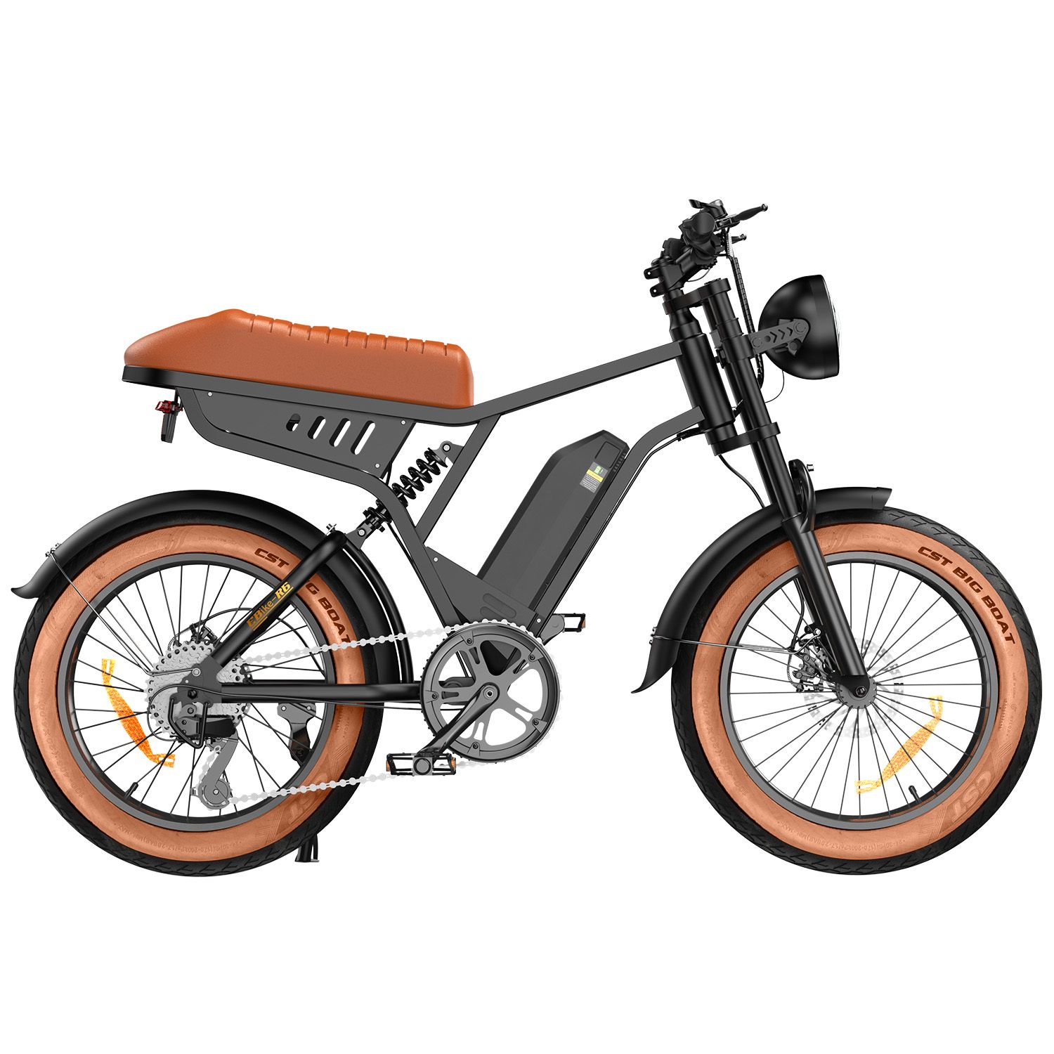 Zwarte e-bike met bruin zadel en banden. Grote banden, koplamp en batterij.