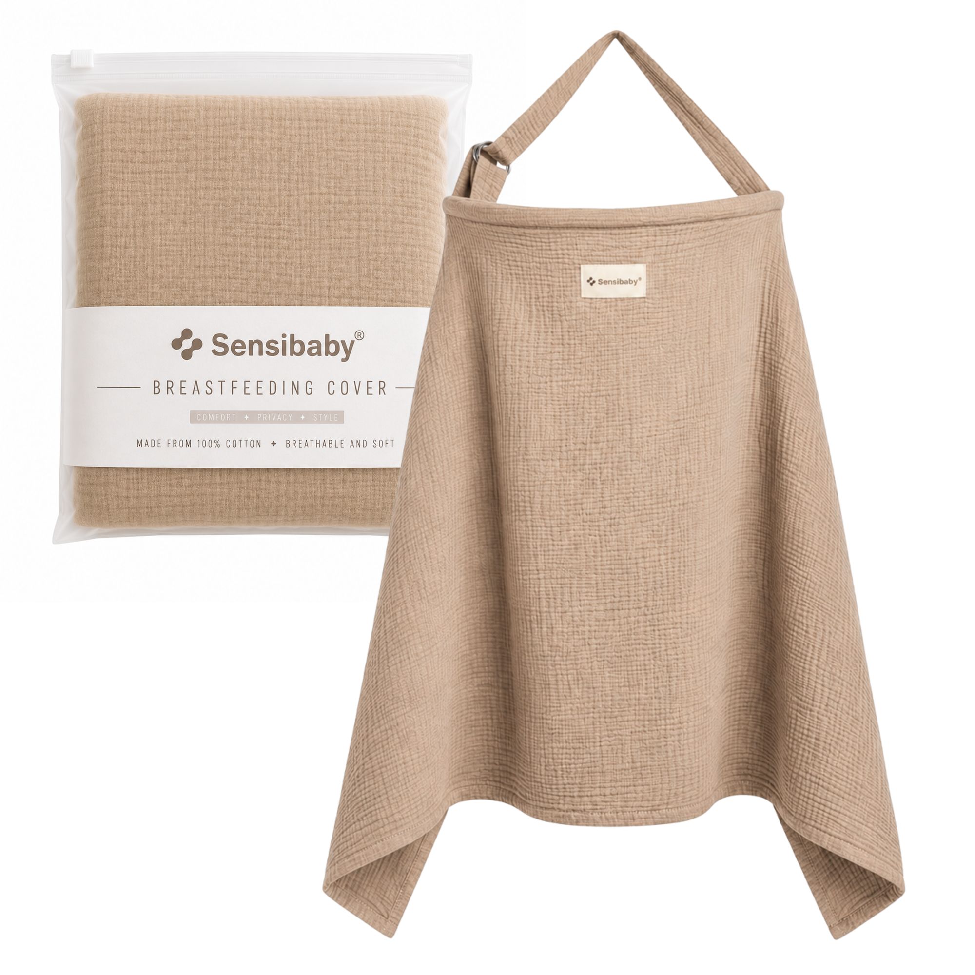 Drap d'allaitement beige en coton double épaisseur avec sangle de cou réglable. Emballage inclus.