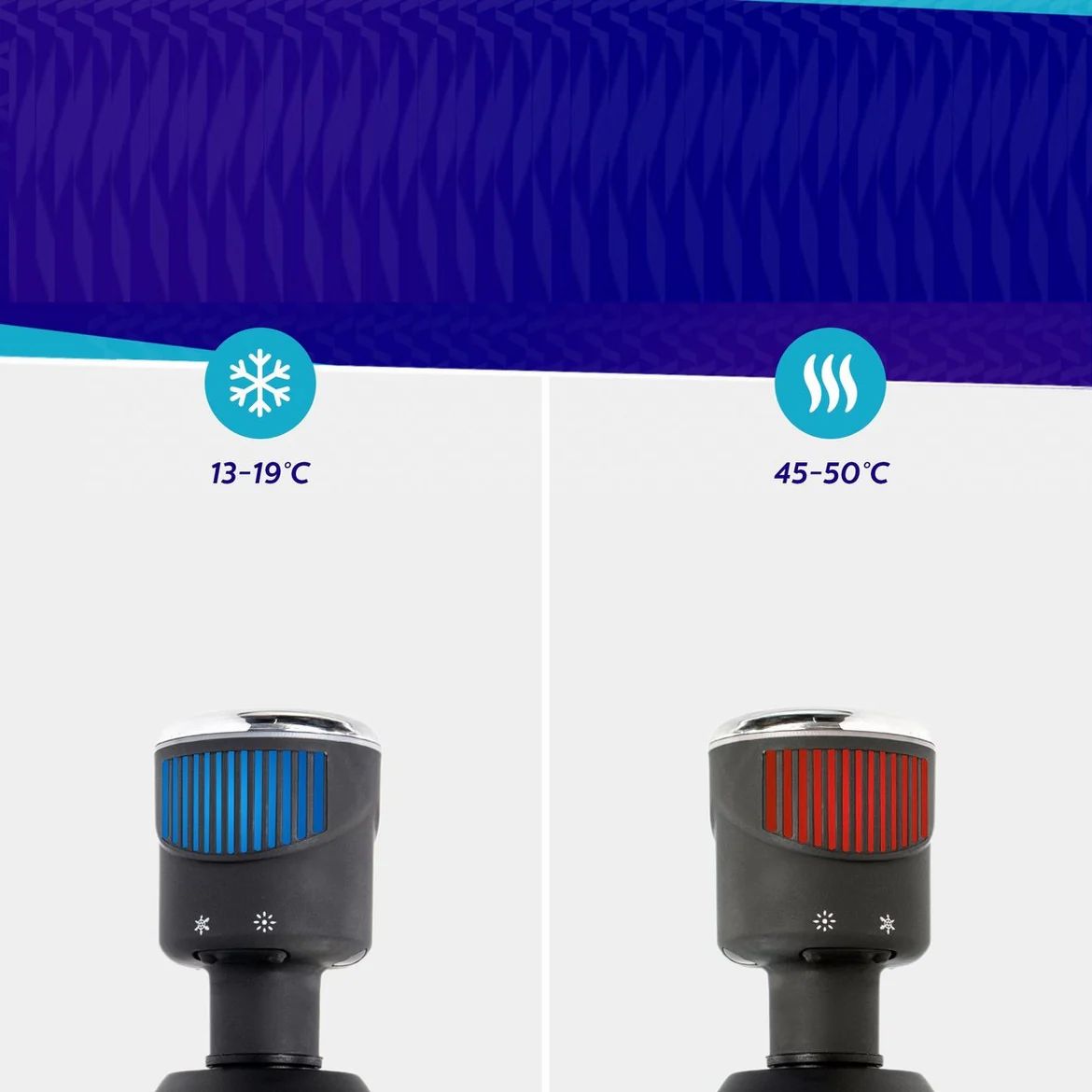 Deux embouts de température. Bleu : 13-19°C. Rouge : 45-50°C.