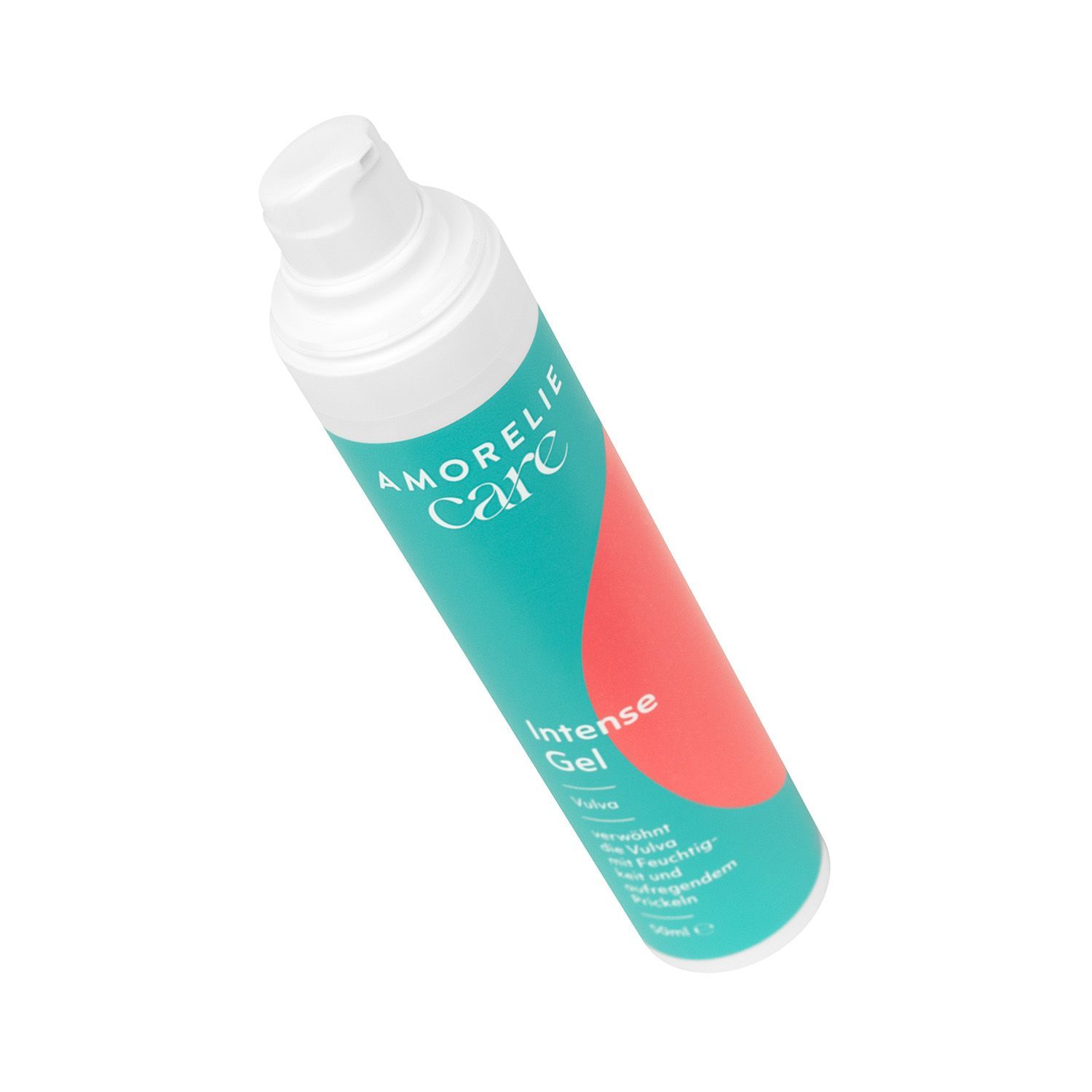 Schuin geplaatste fles. AMORELIE Care logo zichtbaar. Turquoise-wit design met rode accenten. Tekst: Intense Gel.