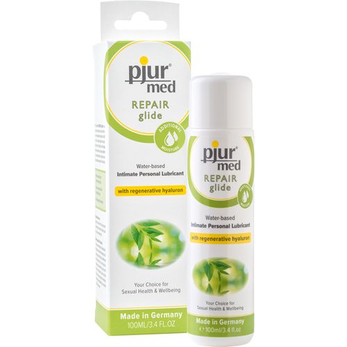 Bouteille et boîte Pjur Med Repair Glide. Lubrifiant à base d'eau avec hyaluron.