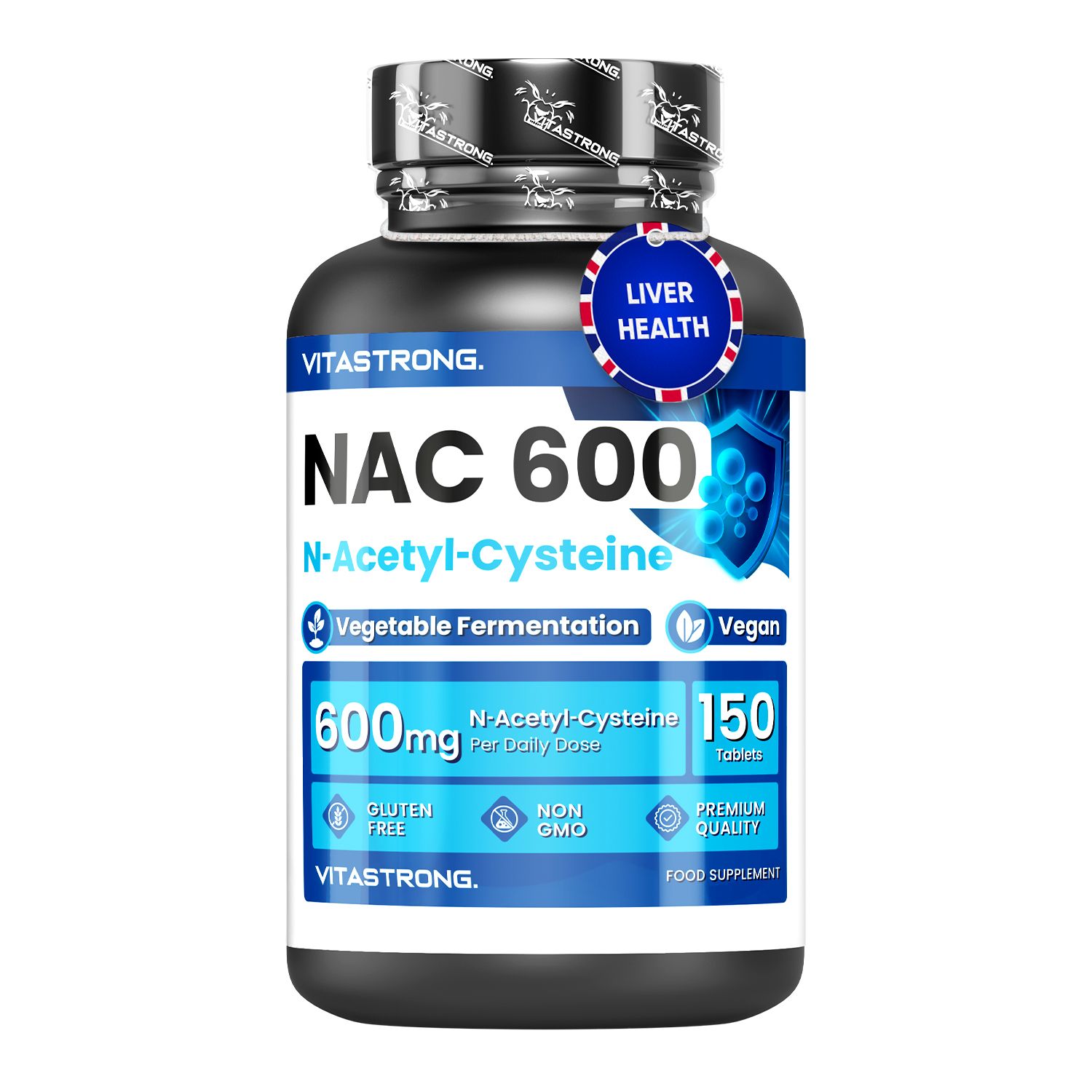 Vitastrong NAC 600 comprimés. Flacon noir avec étiquette blanche. 150 comprimés, 600mg N-Acétyl-Cystéine.