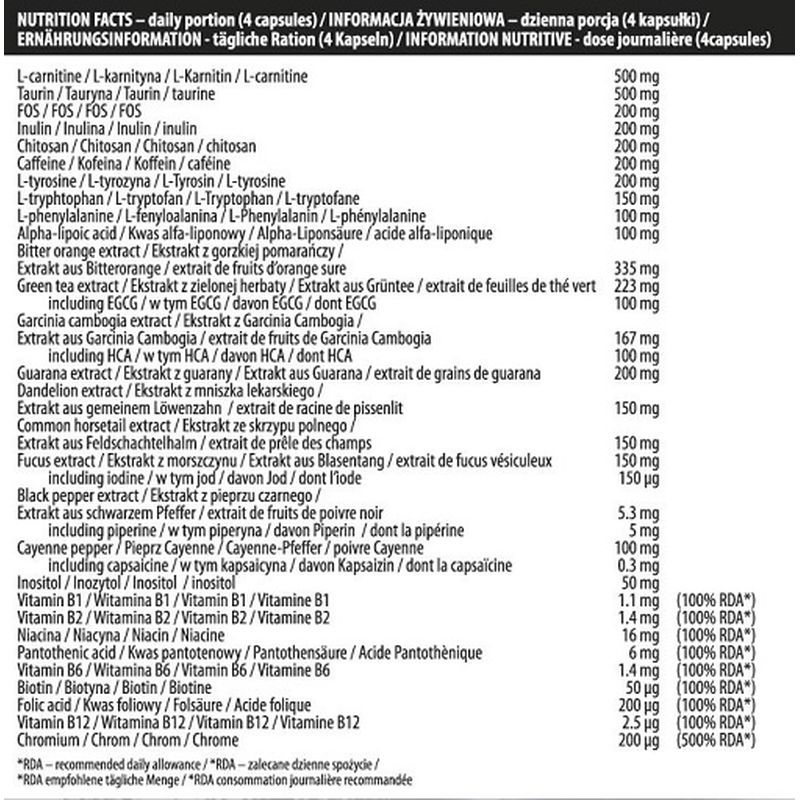Voedingstabel met ingrediënten en hoeveelheden in het Engels, Duits, Frans, Italiaans en Pools. Bevat vitaminen en extracten.