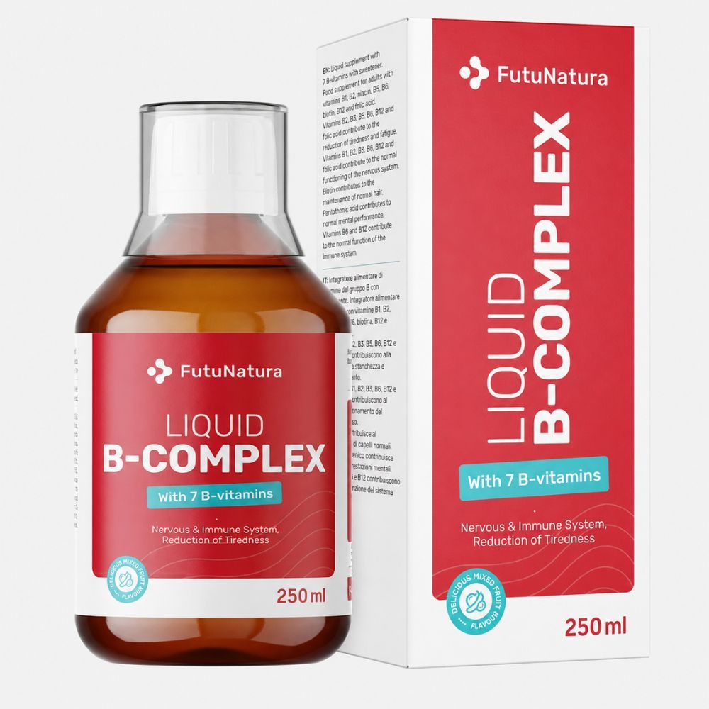 Bouteille et boîte de FutuNatura Liquid B-Complex avec 7 vitamines B.