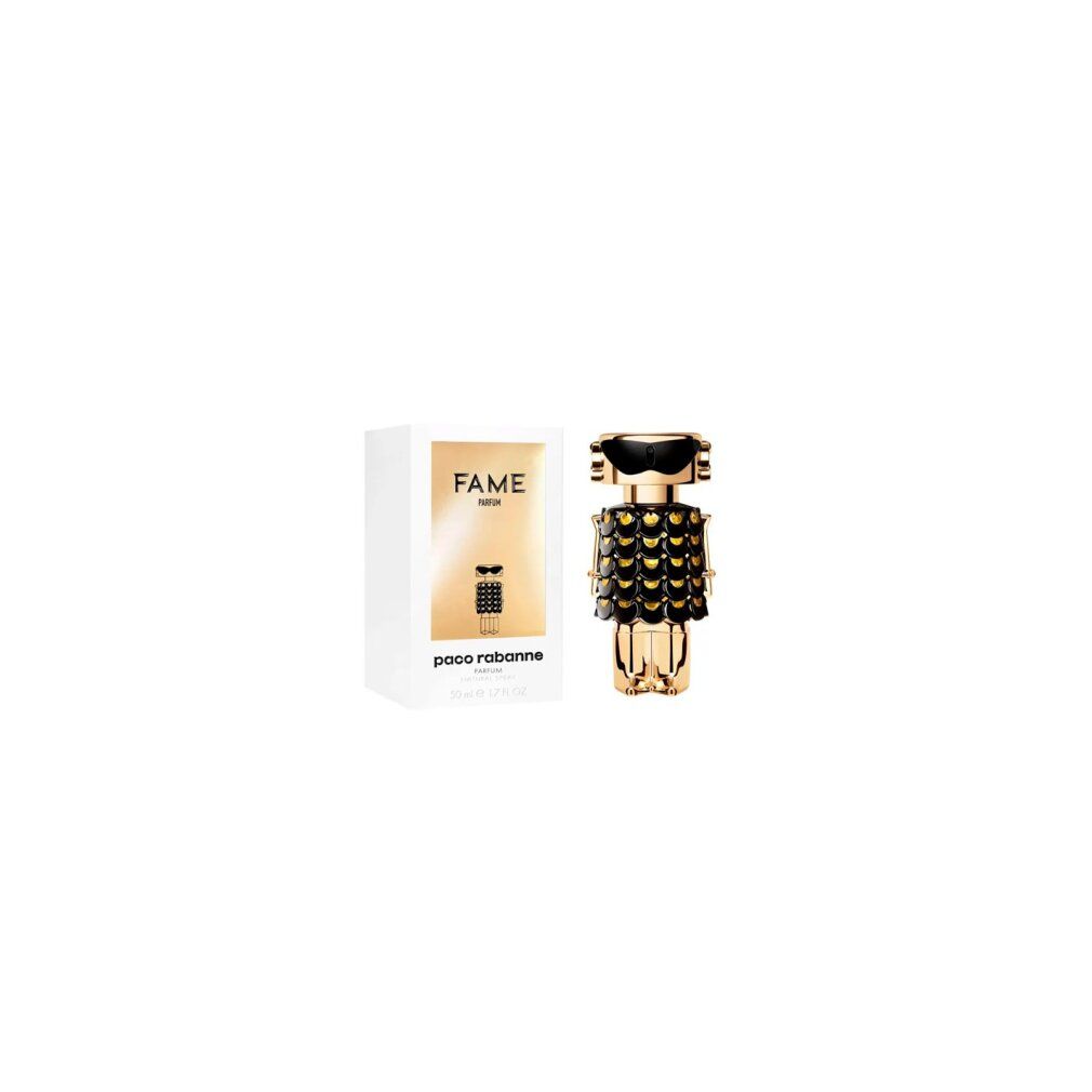 Gouden fles met zwarte top en schubbenpatroon, naast een witte doos.