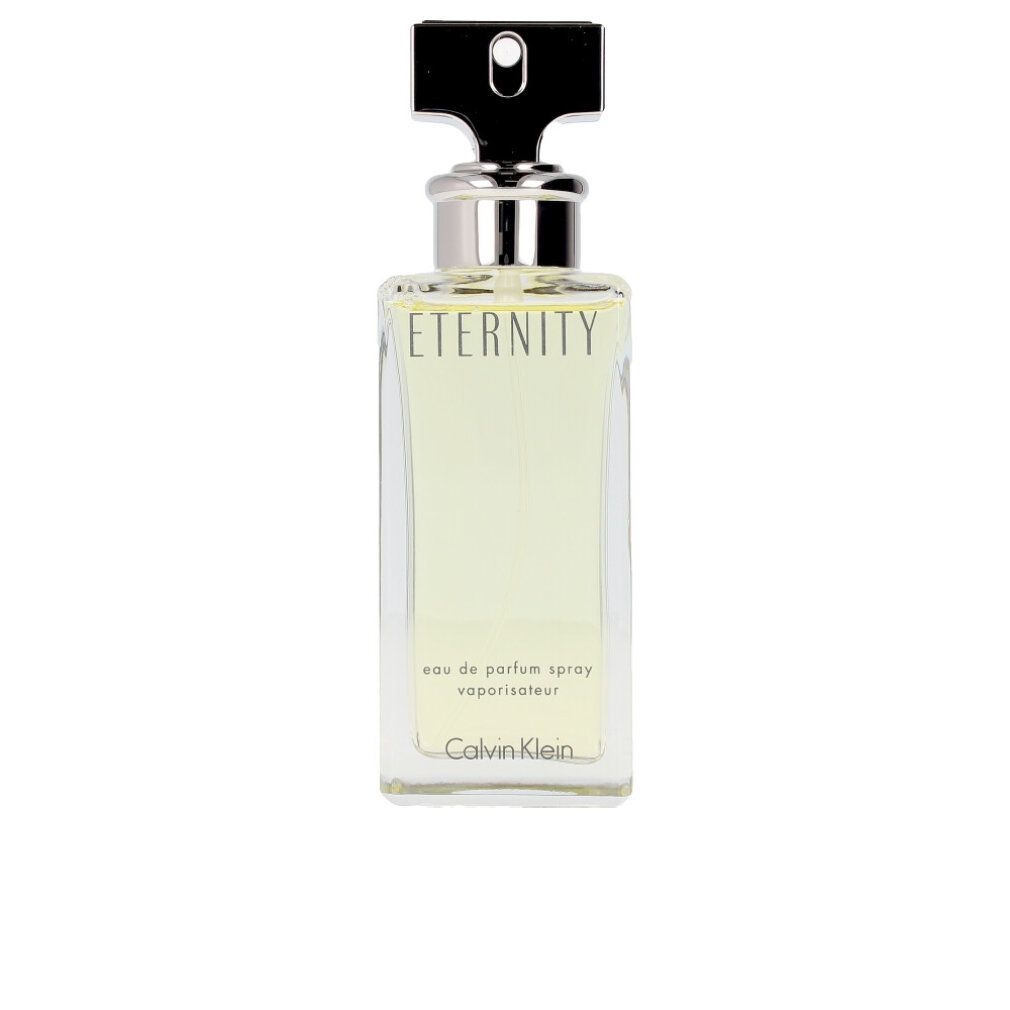 Flacon rectangulaire avec bouchon argenté. Inscription 'Eternity' et 'Calvin Klein'.