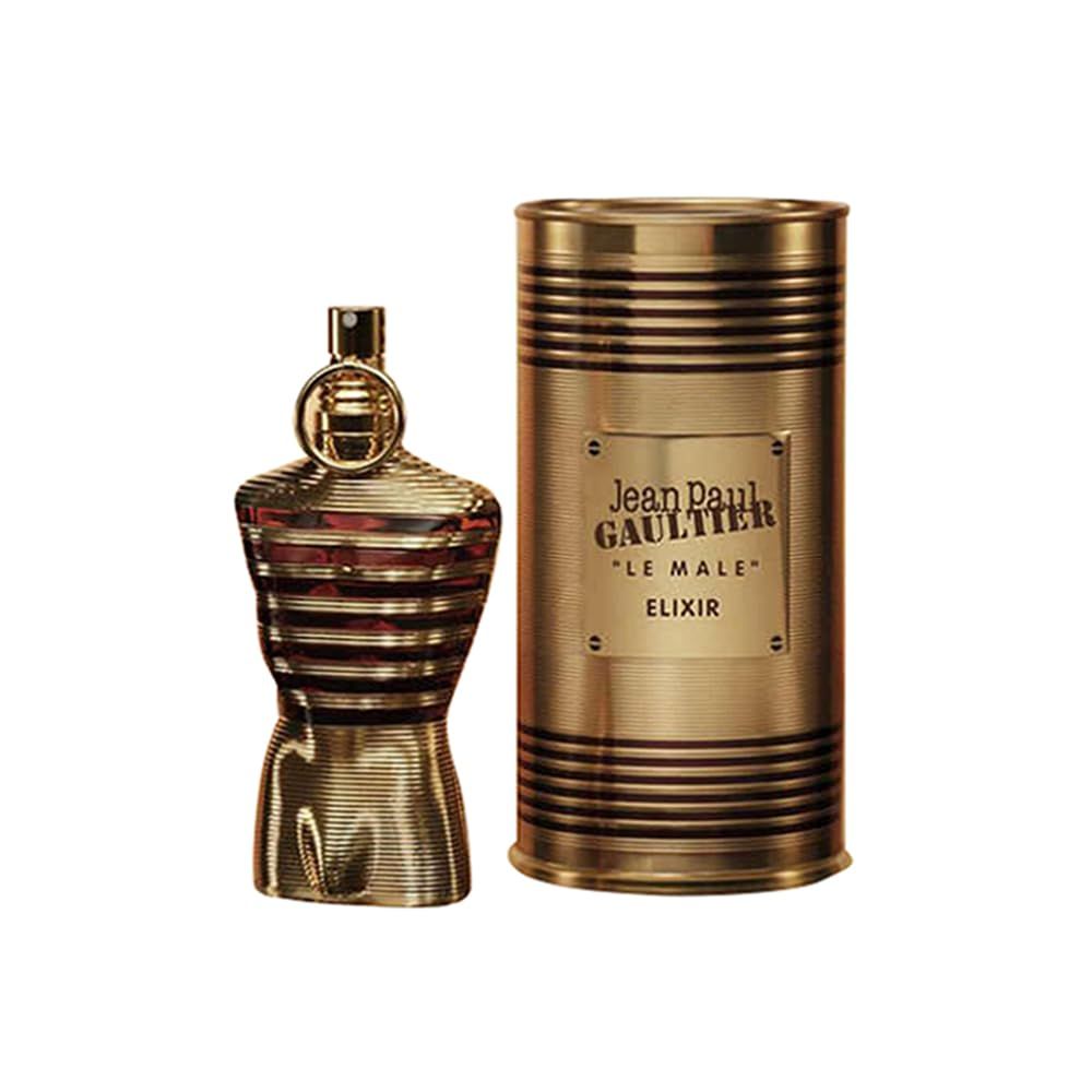 Gouden torso-vormige fles en cilindrische doos. Op de doos staat "Jean Paul Gaultier Le Male Elixir".