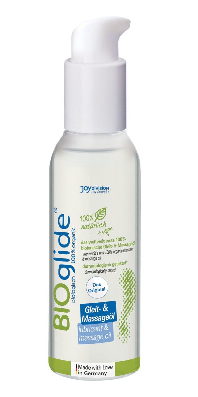 Huile de massage et lubrifiante BIOgliede biologique dans un flacon transparent avec pompe blanche. 100% naturelle et végane.