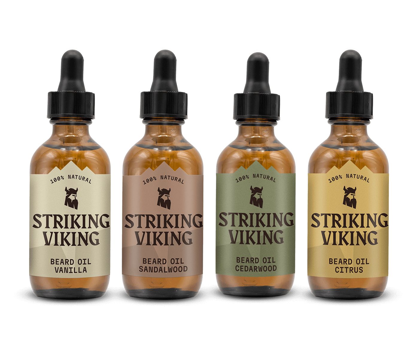 Quatre flacons d'huile à barbe avec pipettes noires. Étiquettes : "Striking Viking" et parfums : vanille, bois de santal, cèdre et agrumes.