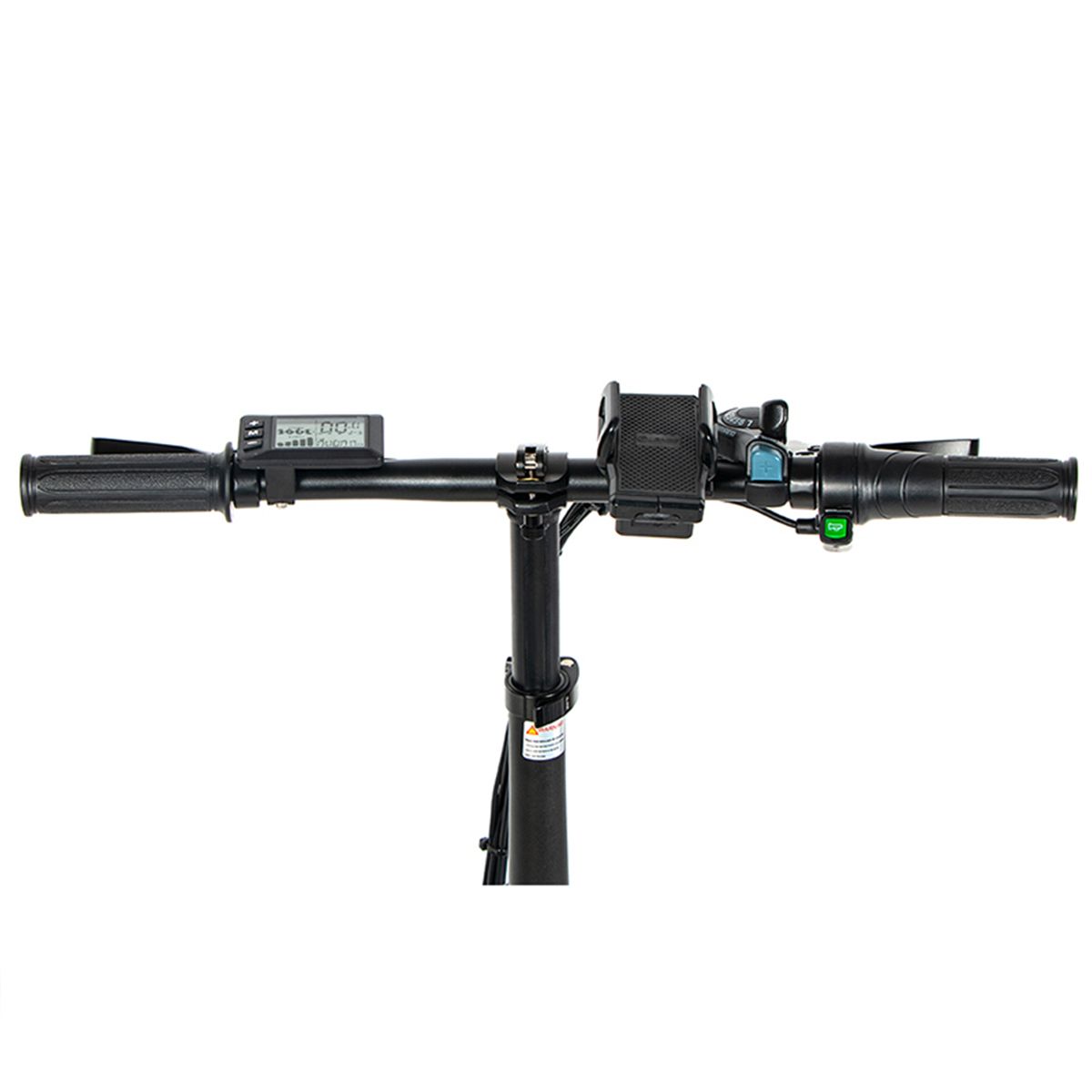 Guidon de vélo électrique. Poignées noires, écran, commandes. Marque SAMEBIKE. Vue de dessus.