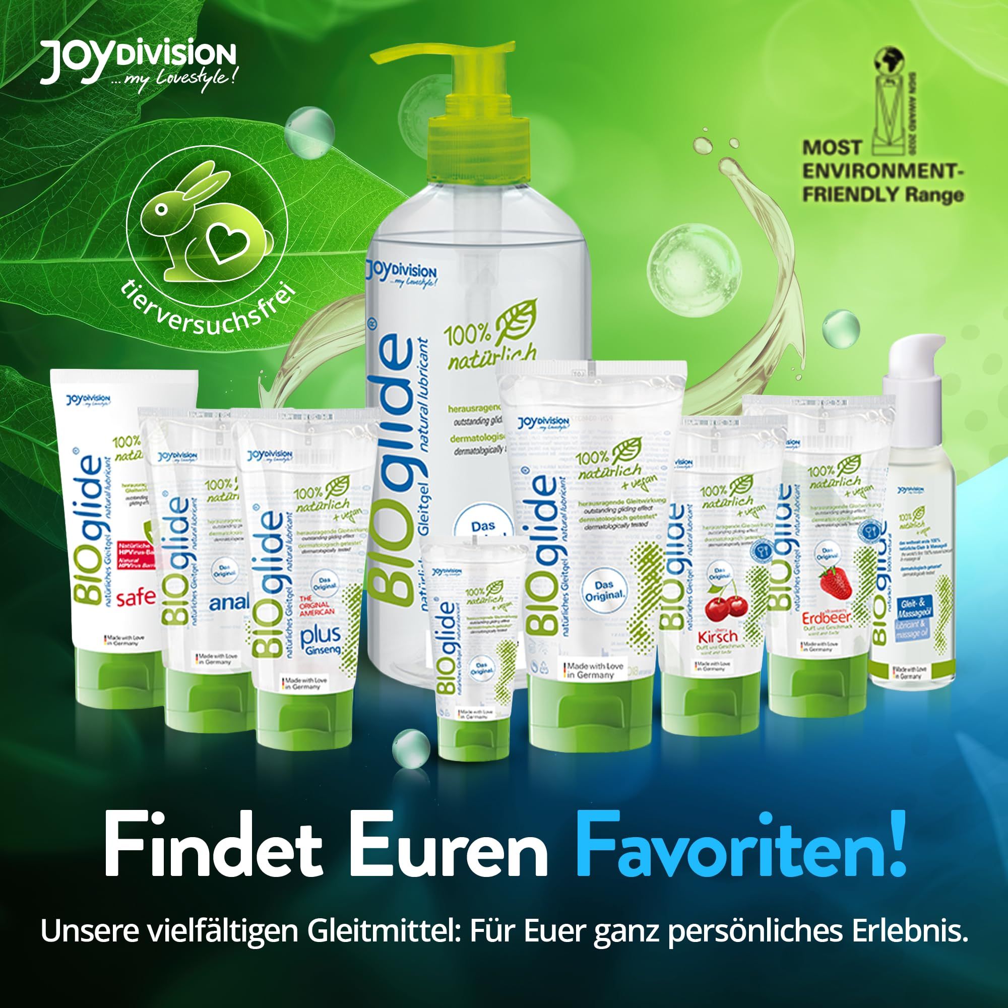 Assortiment BIOglide glijmiddelen, inclusief flessen en tubes, met konijnenkeurmerk voor dierproefvrij.