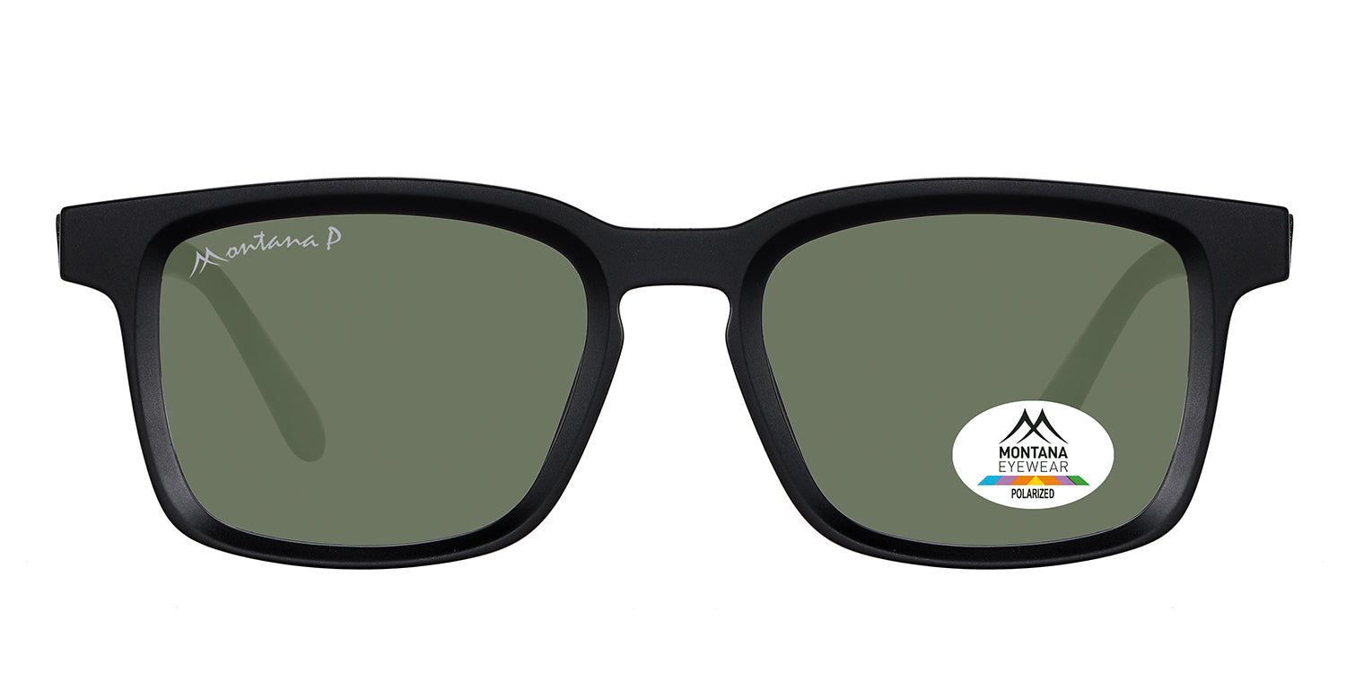 Lunettes de soleil noires à verres verts. Logo Montana Eyewear sur la branche et le verre. Polarisées.