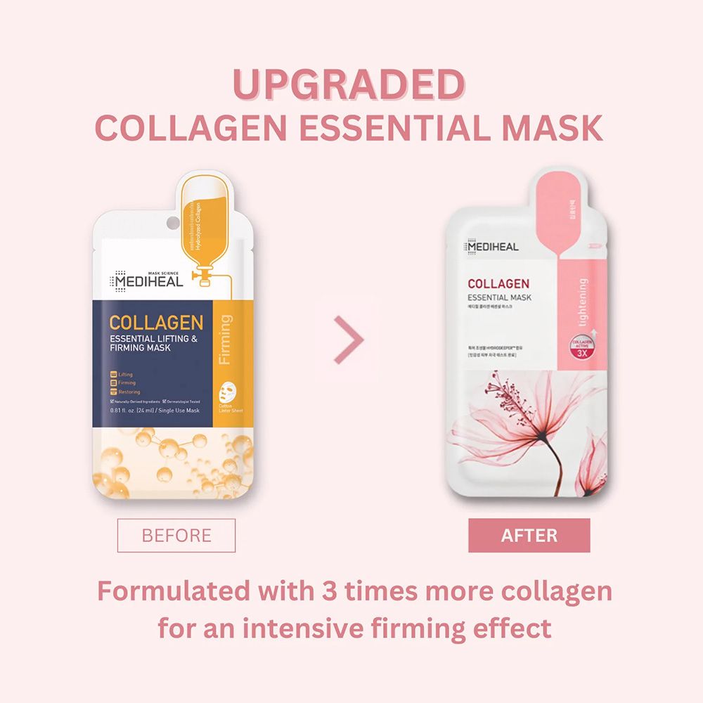 Comparaison de masques faciaux. Gauche: Collagen Lifting & Firming Mask. Droite: Collagen Essential Mask. Texte: Upgraded Collagen Essential Mask.