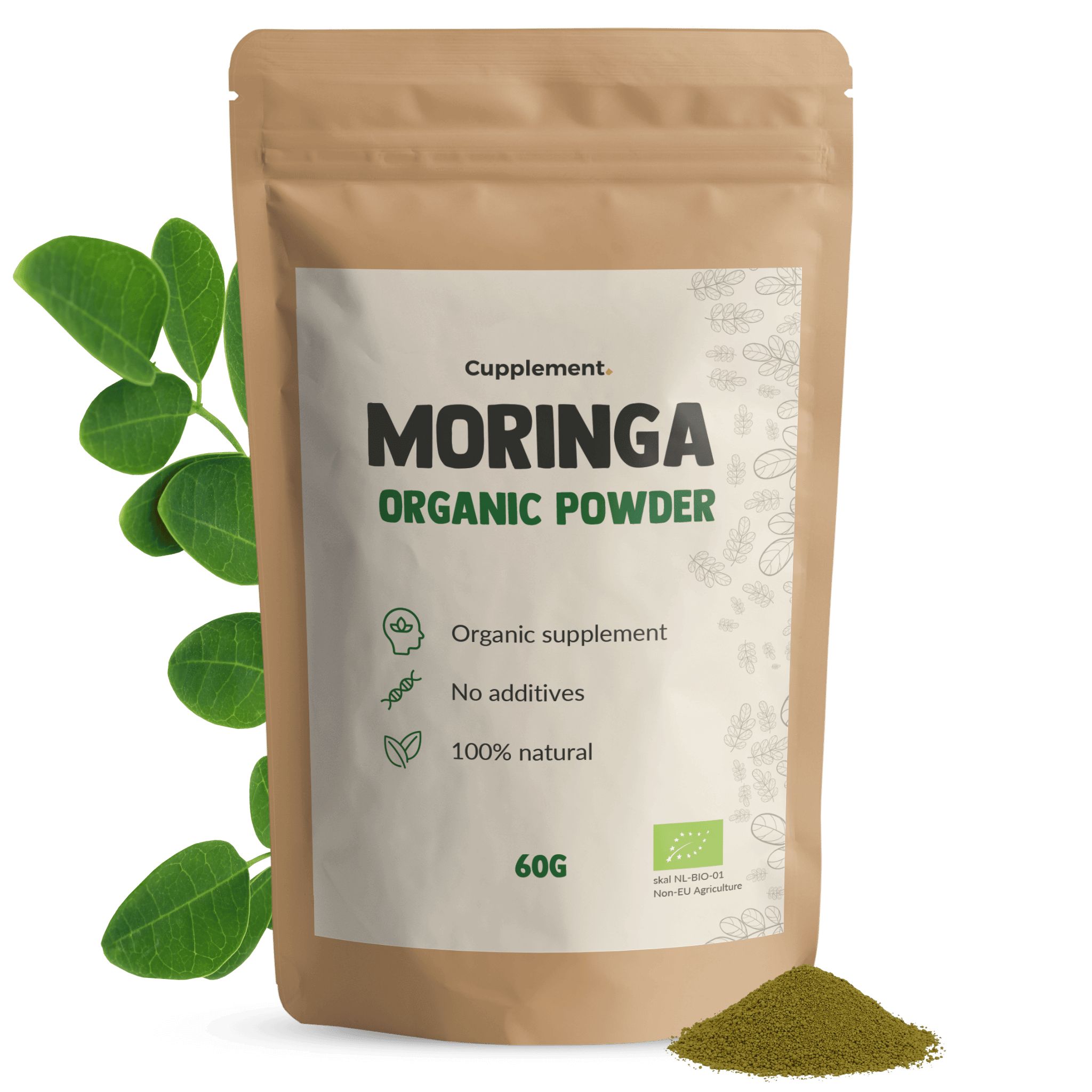 Zakje met moringa poeder. Opschrift: MORINGA ORGANIC POWDER. 60g. Bio-keurmerk.