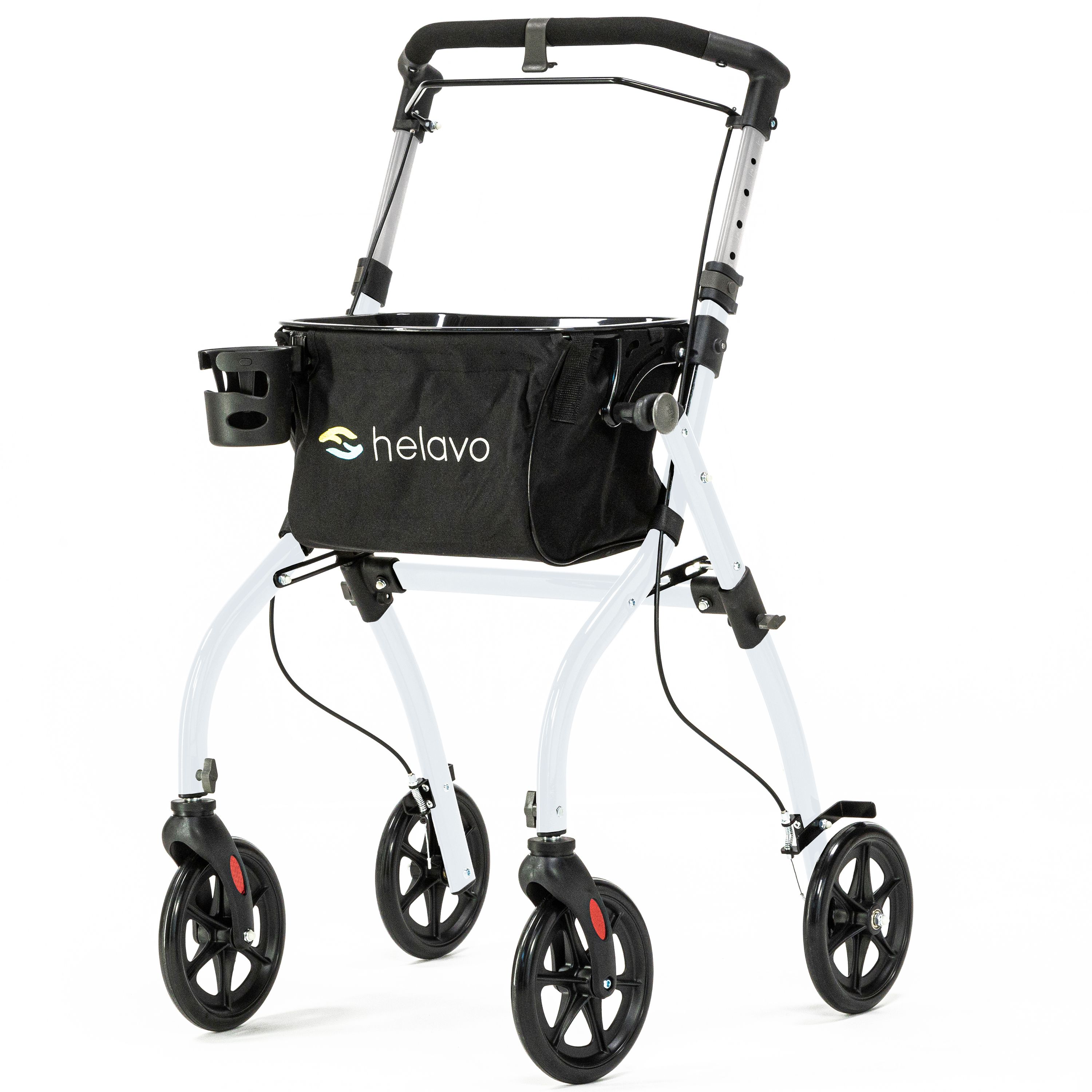 Rollator d'intérieur blanc avec panier noir, porte-gobelet et plateau.