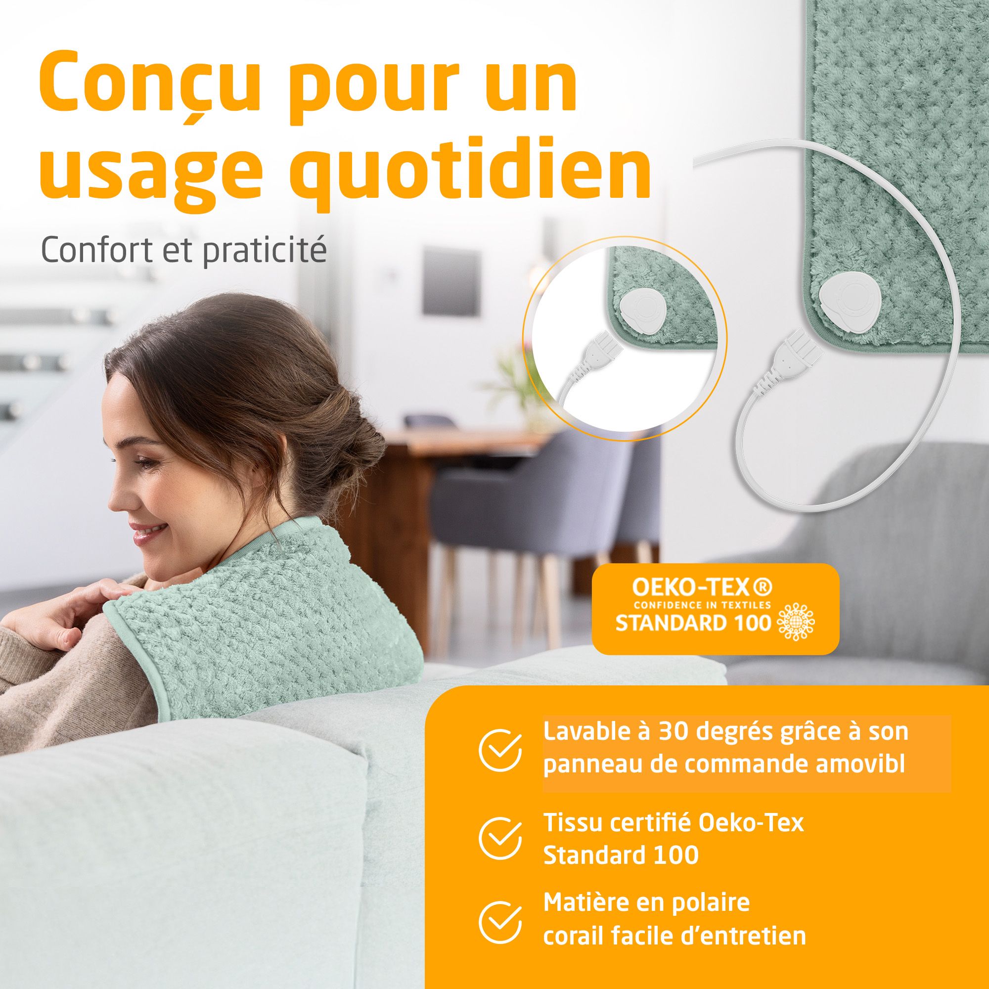 Coussin chauffant vert avec câble. Lavable à 30°. Certifié Oeko-Tex Standard 100. Matière polaire corail facile d'entretien.