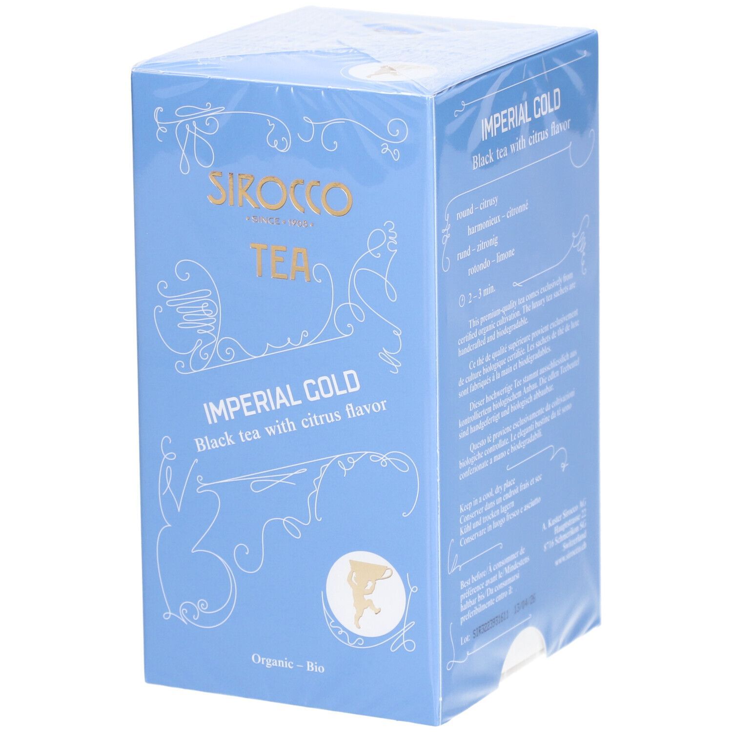 Boîte bleu clair "Sirocco Tea Imperial Gold Black mit Zitrone & Orange". Emballée dans du film plastique.