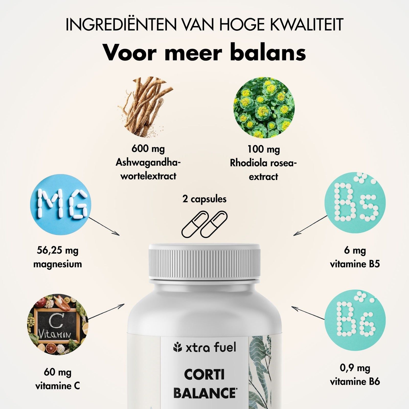 Fles Corti Balance capsules. Bevat Ashwagandha, Rhodiola, Magnesium, Vitamine C, B5, B6. 180 vegane capsules.