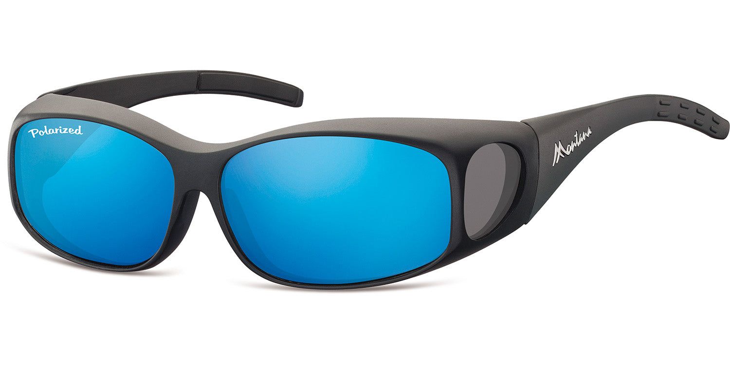 Surlunettes bleues. Monture noire, protection latérale. Inscription: Polarized, Montana.