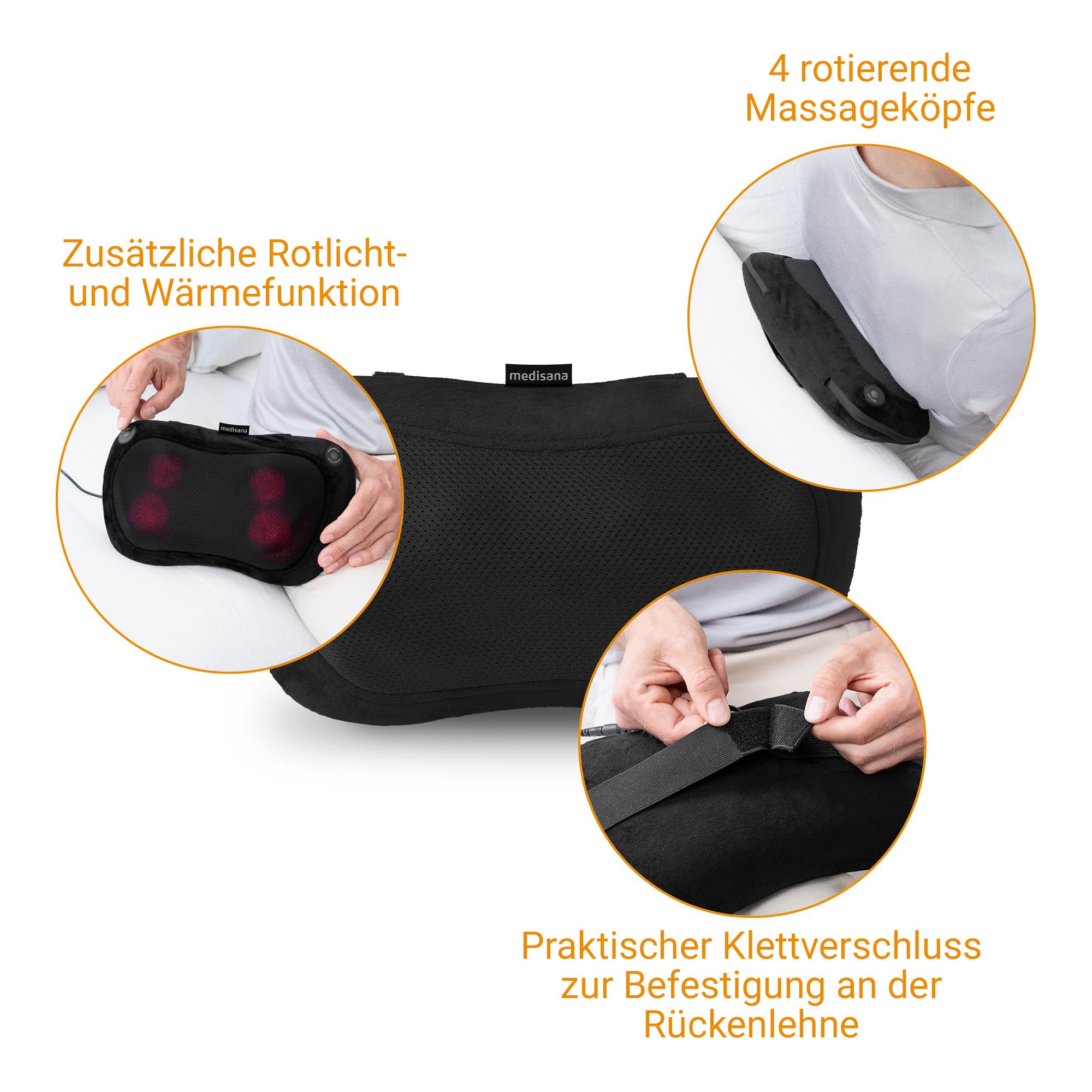 Coussin de massage Shiatsu noir avec lumières rouges, fonction lumière rouge et chaleur.