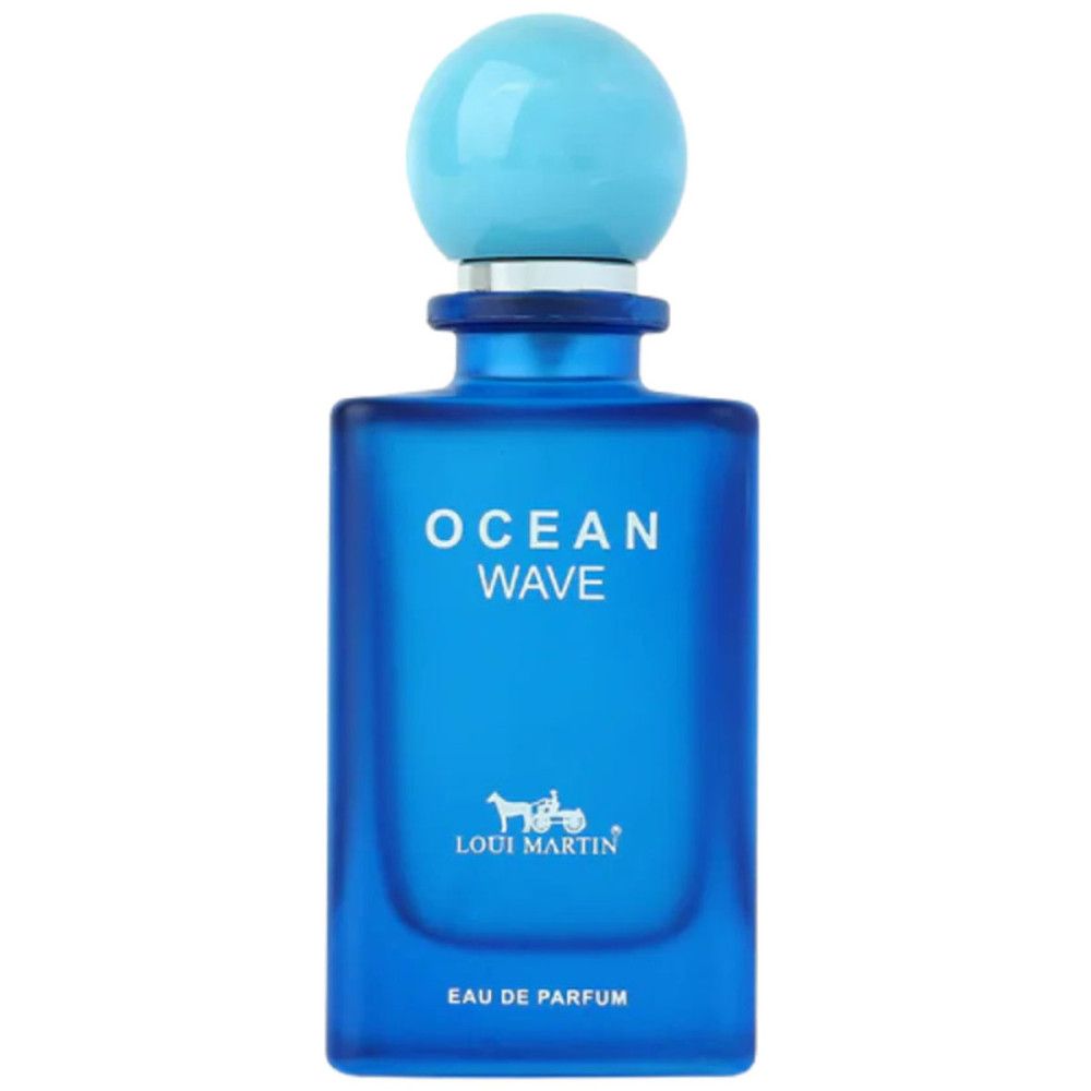 Flacon bleu d'Eau de Parfum avec bouchon bleu clair. Inscription "OCEAN WAVE" et logo. Marque : Loui Martin. "EAU DE PARFUM" en dessous.