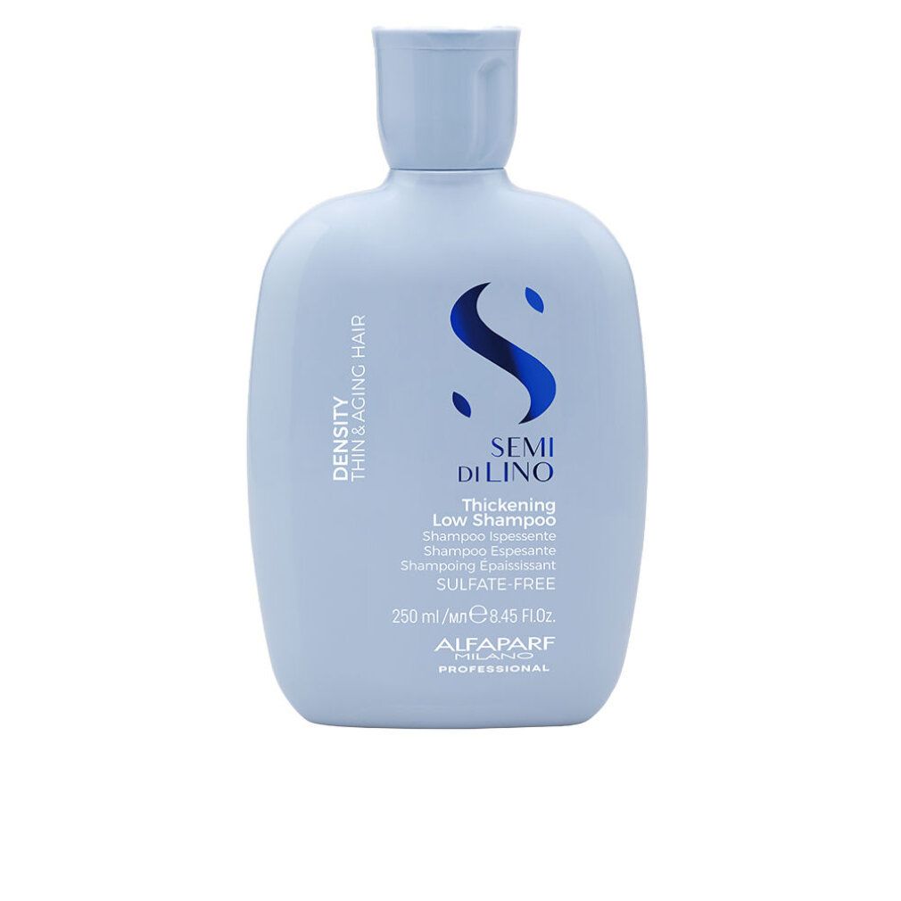 Bouteille bleu clair avec logo SEMI DI LINO. Contient un Shampooing Épaississant pour cheveux fins et vieillissants. 250 ml.