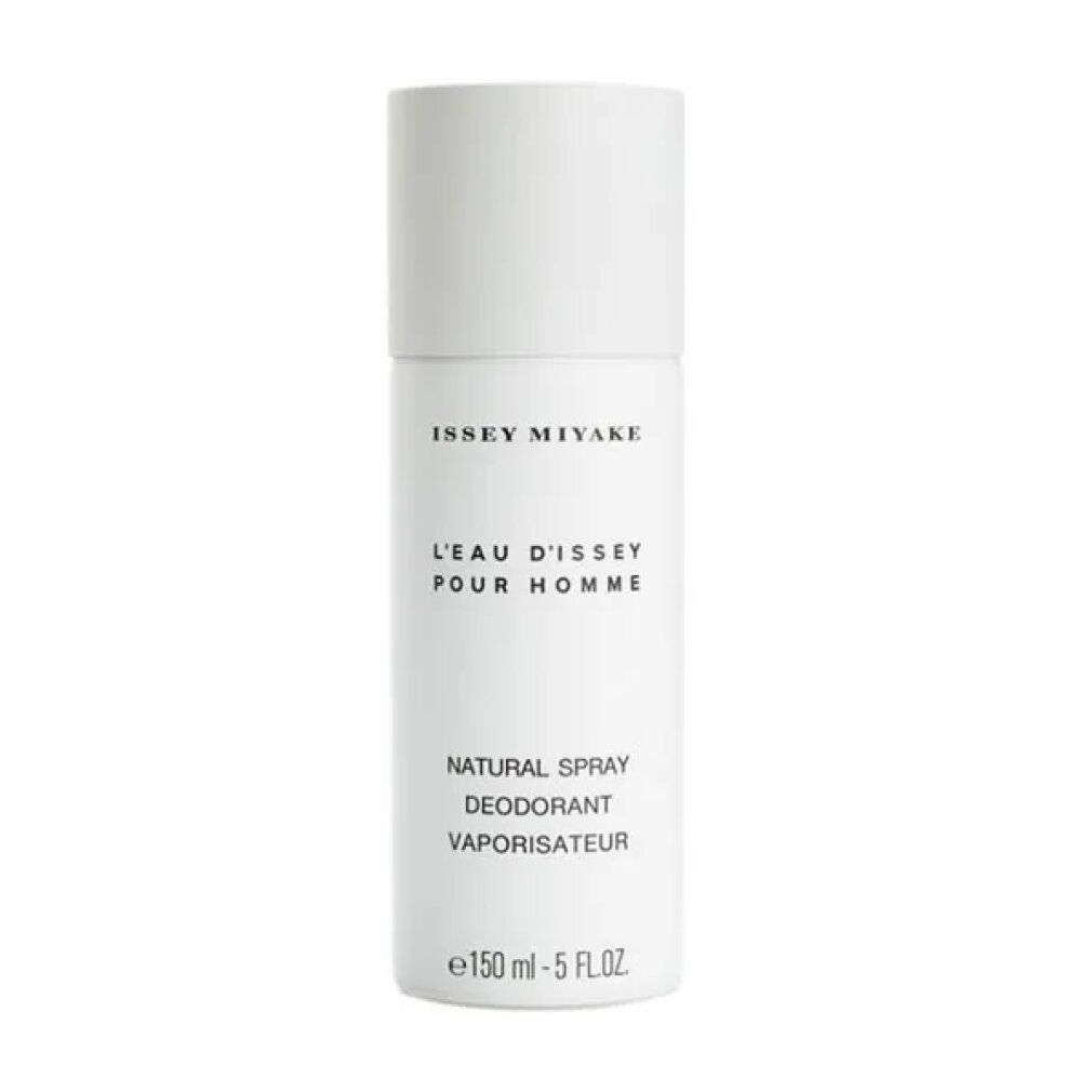 Witte deodorant spray met dop. Opschrift: ISSEY MIYAKE, L'EAU D'ISSEY POUR HOMME, NATURAL SPRAY DEODORANT VAPORISATEUR.