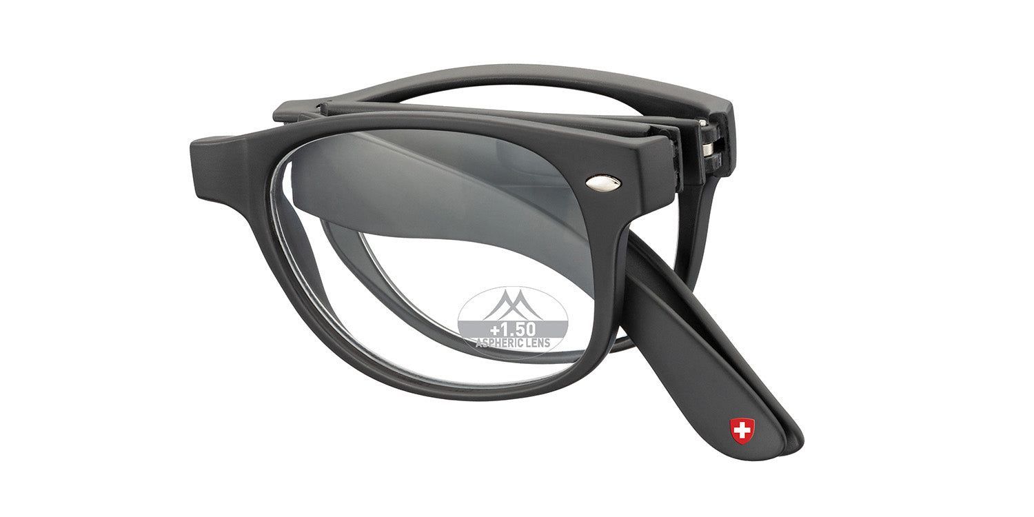 Lunettes de lecture grises pliées. Logo Montana, croix suisse. +1.50 dioptries. Monture noire, verres ronds.