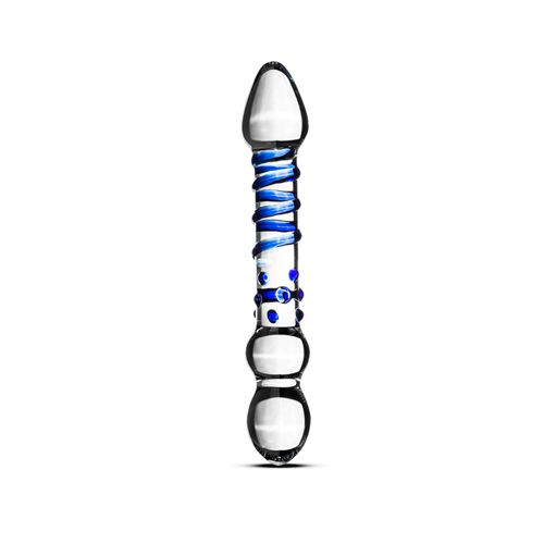 Dildo en verre avec décor bleu. Verre clair, forme cylindrique avec extrémités arrondies. Ornement spiralé bleu.