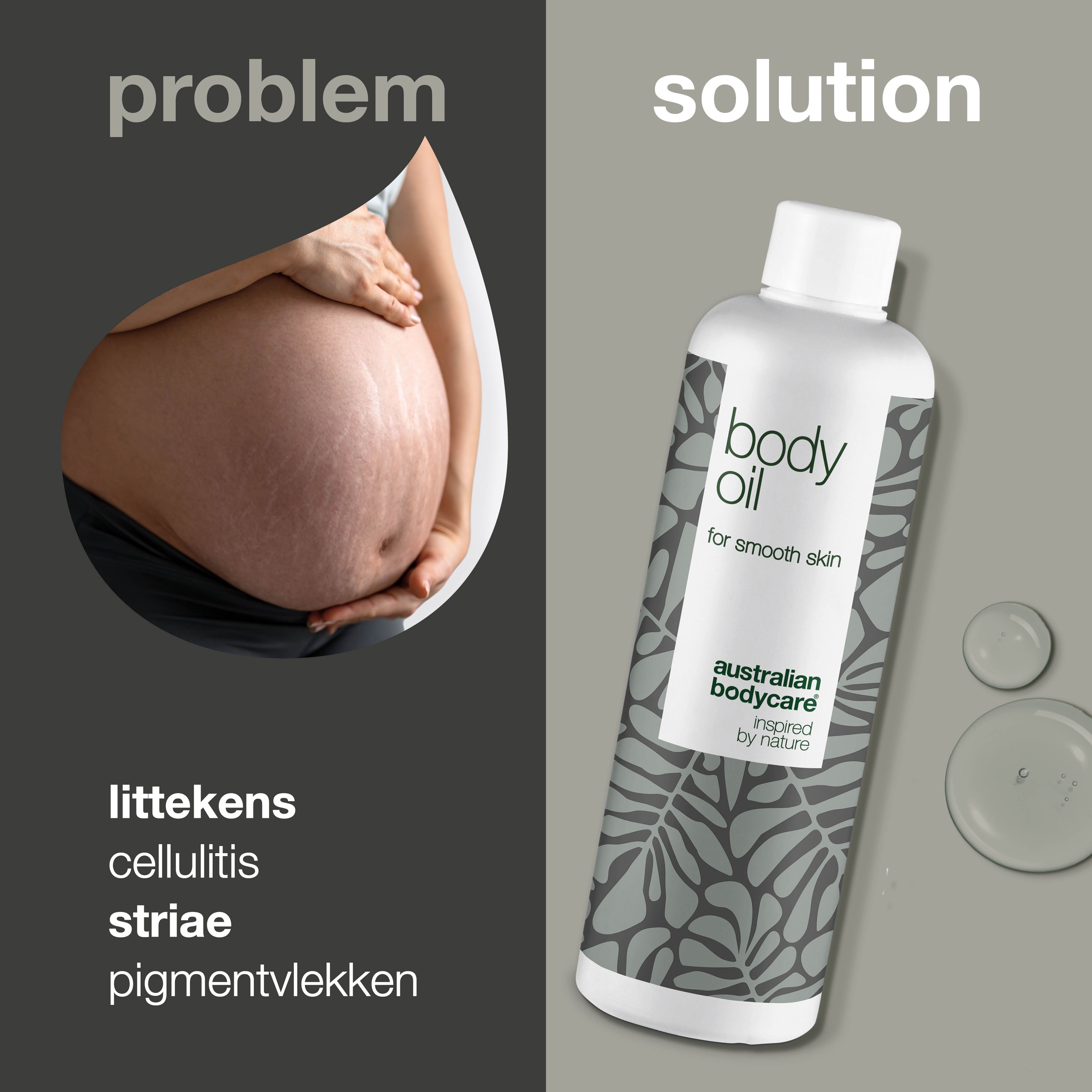Product en zwangere vrouw met striae. Opschrift: body oil, australian bodycare.