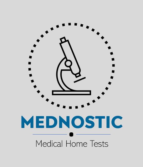 Logo "MEDNOSTIC" met microscoop. Tekst "Medical Home Tests".
