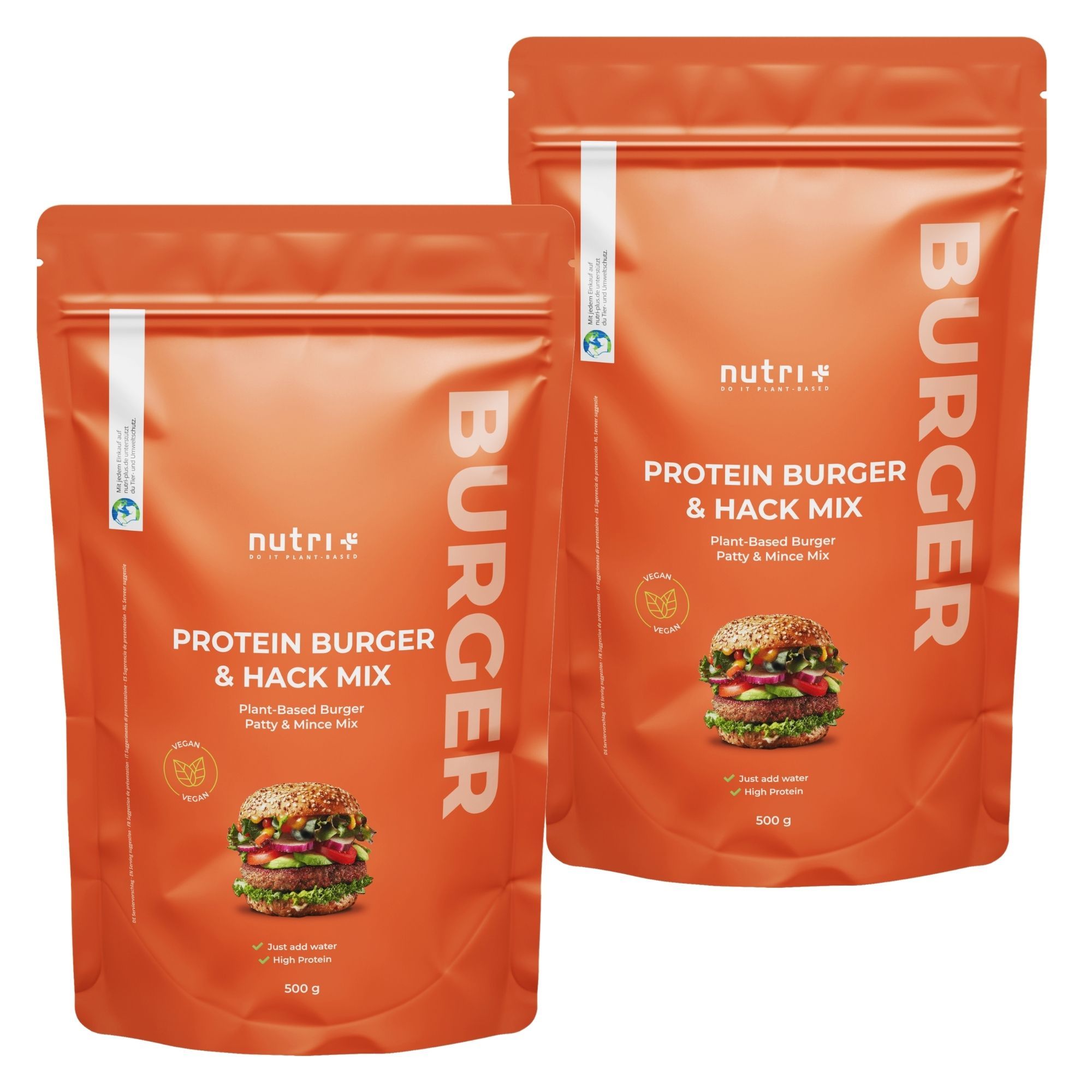 Deux emballages oranges. Texte: Protein Burger & Hack Mix, 500g. Logo: nutri+. Label végétalien.