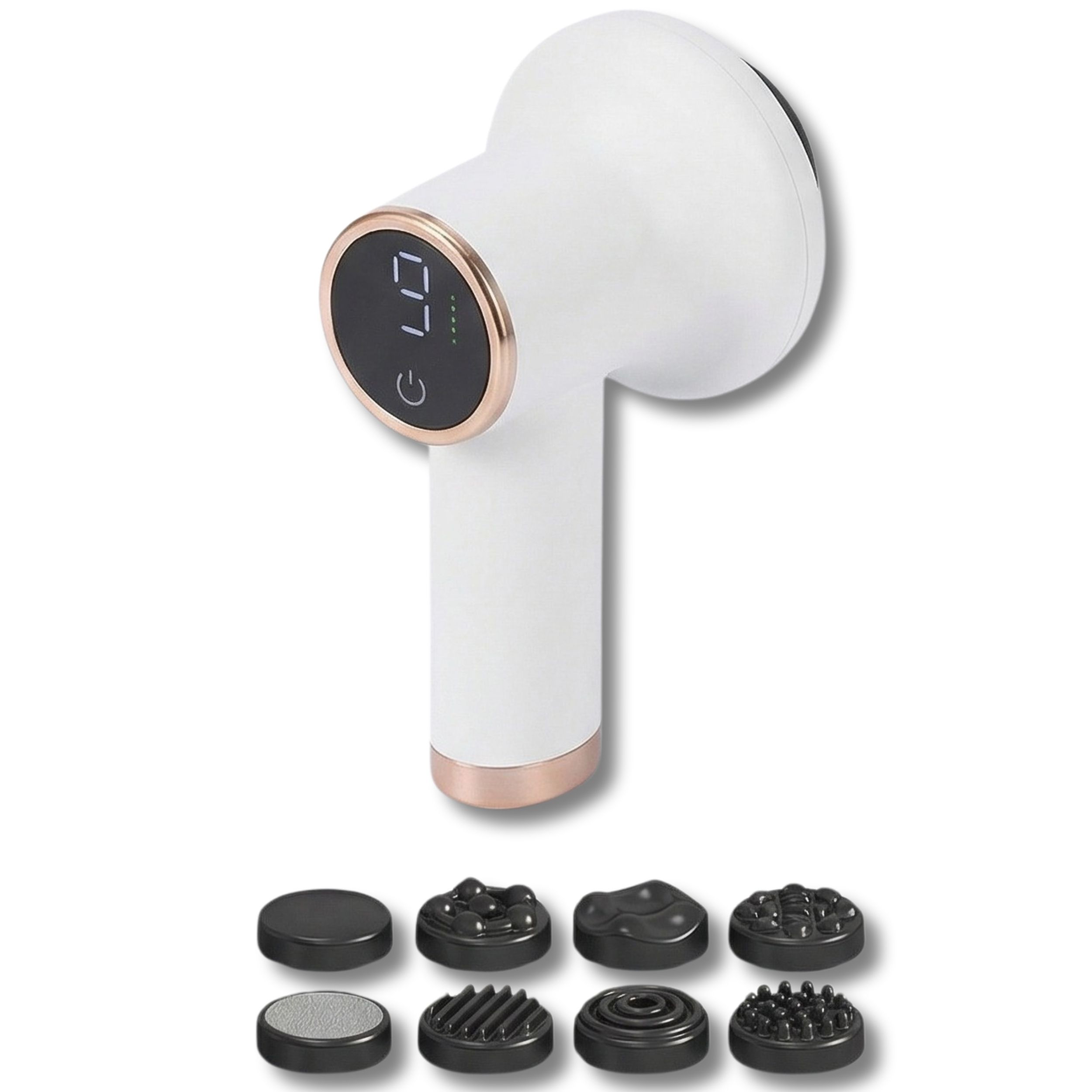 Masseur blanc avec tête ronde, poignée et accessoires interchangeables. L'appareil a un écran et des boutons.