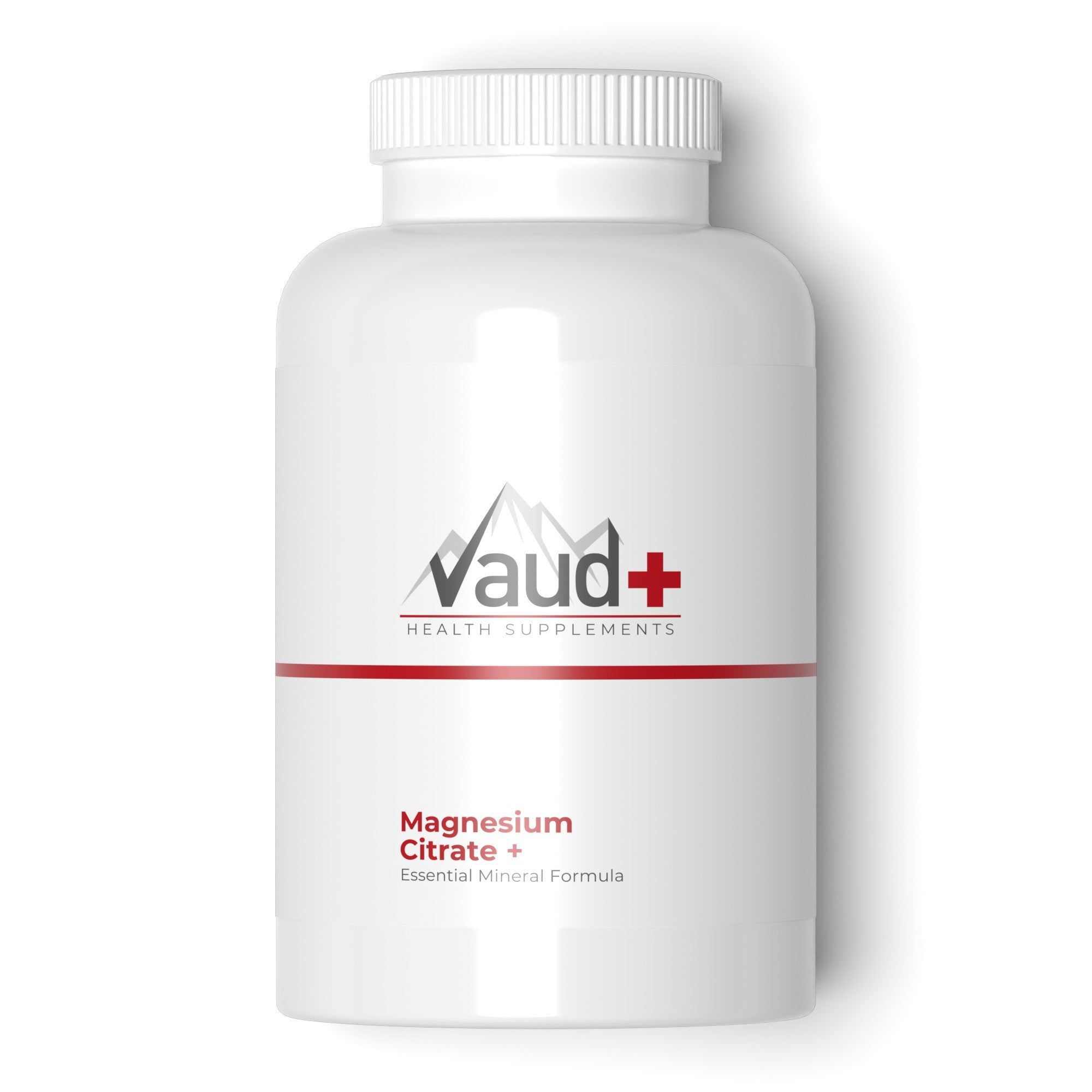 Witte pot met Vaud+ logo en opschrift "Magnesium Citrate + Essential Mineral Formula".