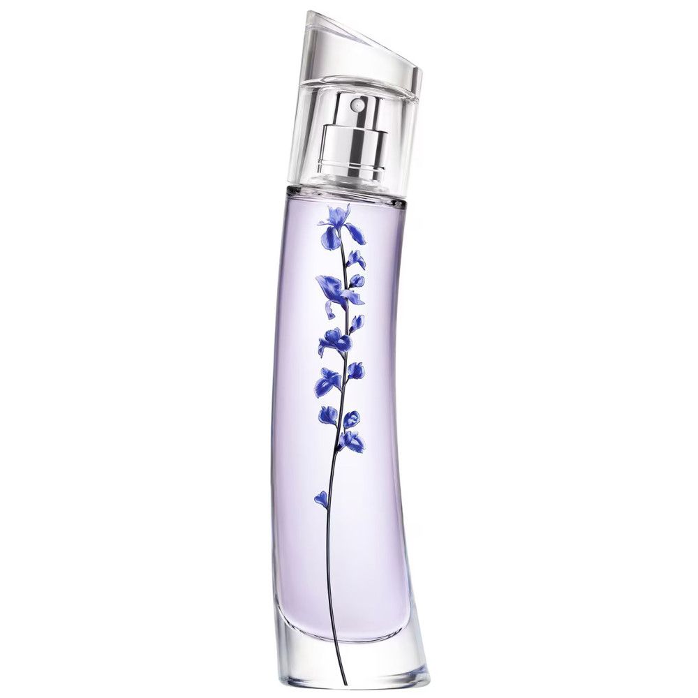 Flacon de parfum avec motif floral bleu. Le flacon est légèrement incliné.