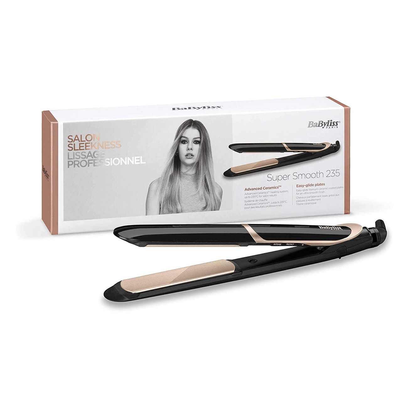 Fer à lisser et emballage. Fer à lisser noir avec des accents dorés. Emballage avec image du produit et nom de la marque Babyliss.