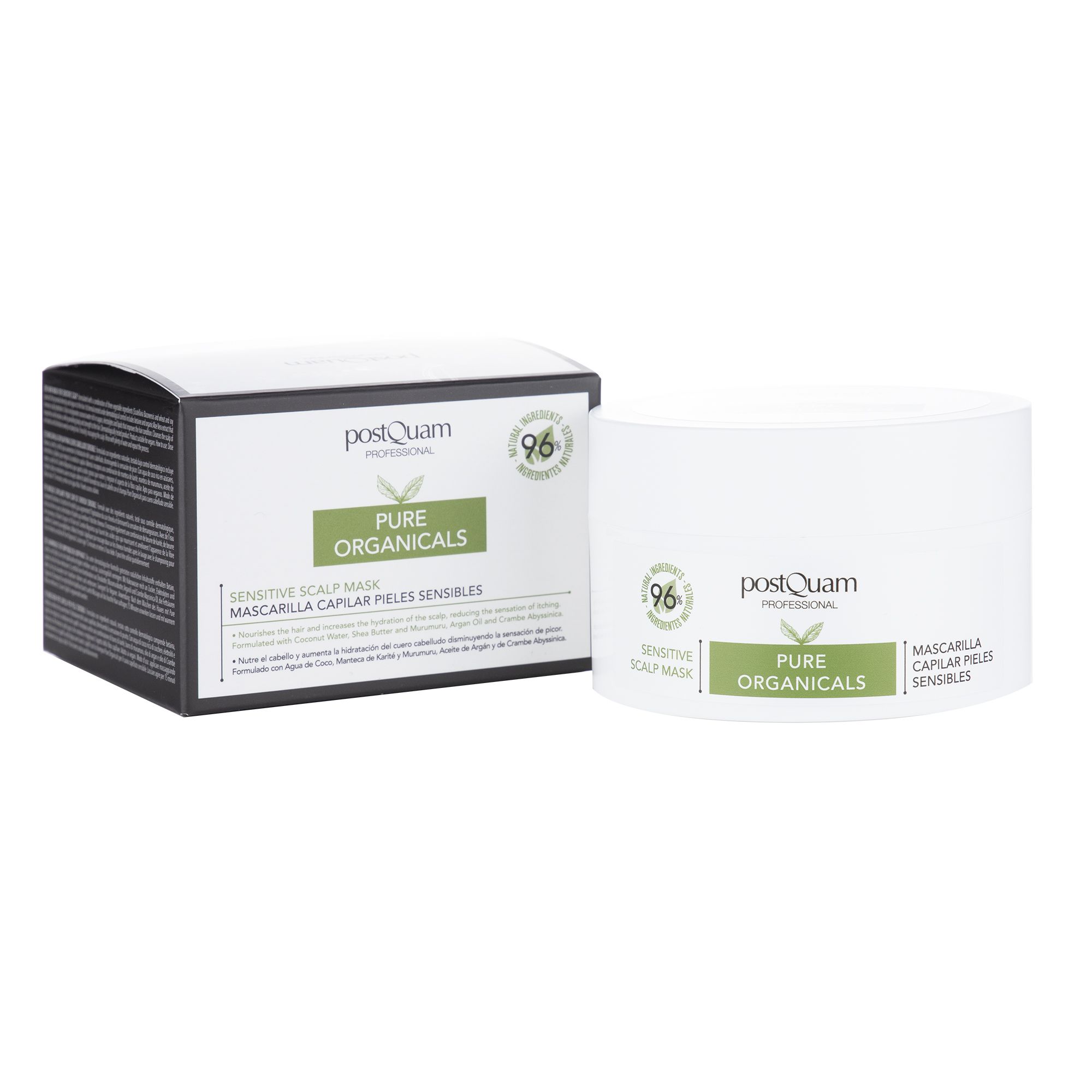 Pot blanc et boîte noire avec étiquette verte. Inscription: Postquam, Pure Organics, Sensitive Scalp Mask. 96% ingrédients naturels.