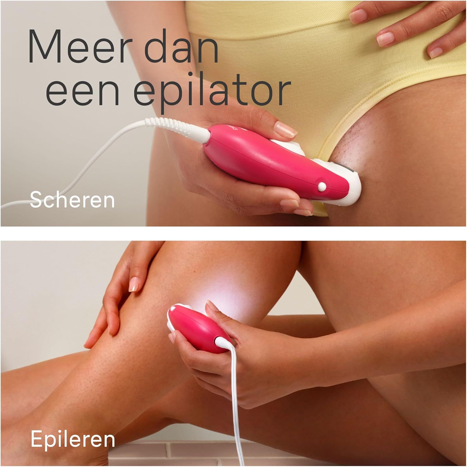 Vrouw gebruikt Braun Silk-épil 3 in intieme zone en op been. Snoergebonden epilator.
